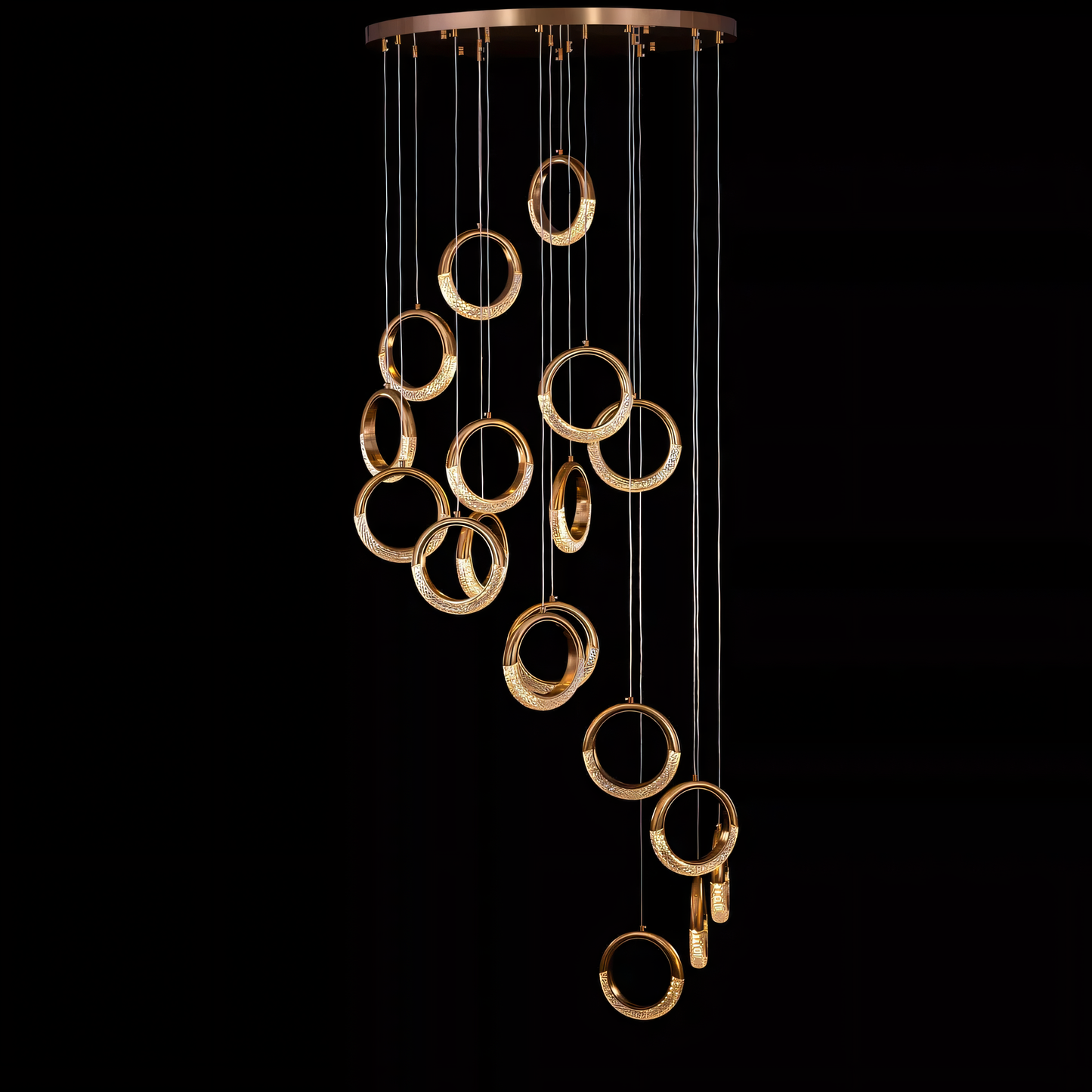 Sophisticated half-moon ring-style metal and glass chandelier