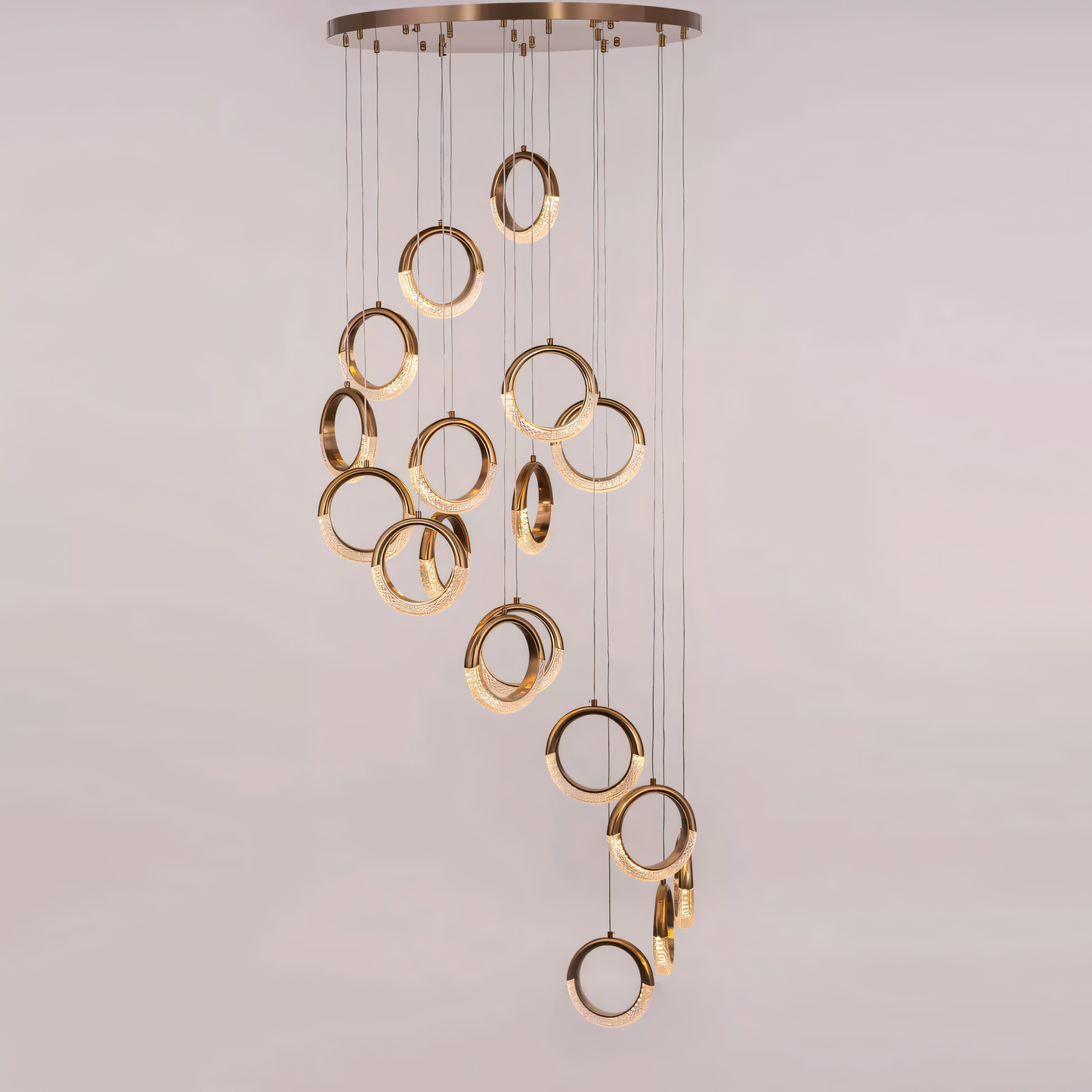 Versatile antique brass hanging half-moon duplex chandelier