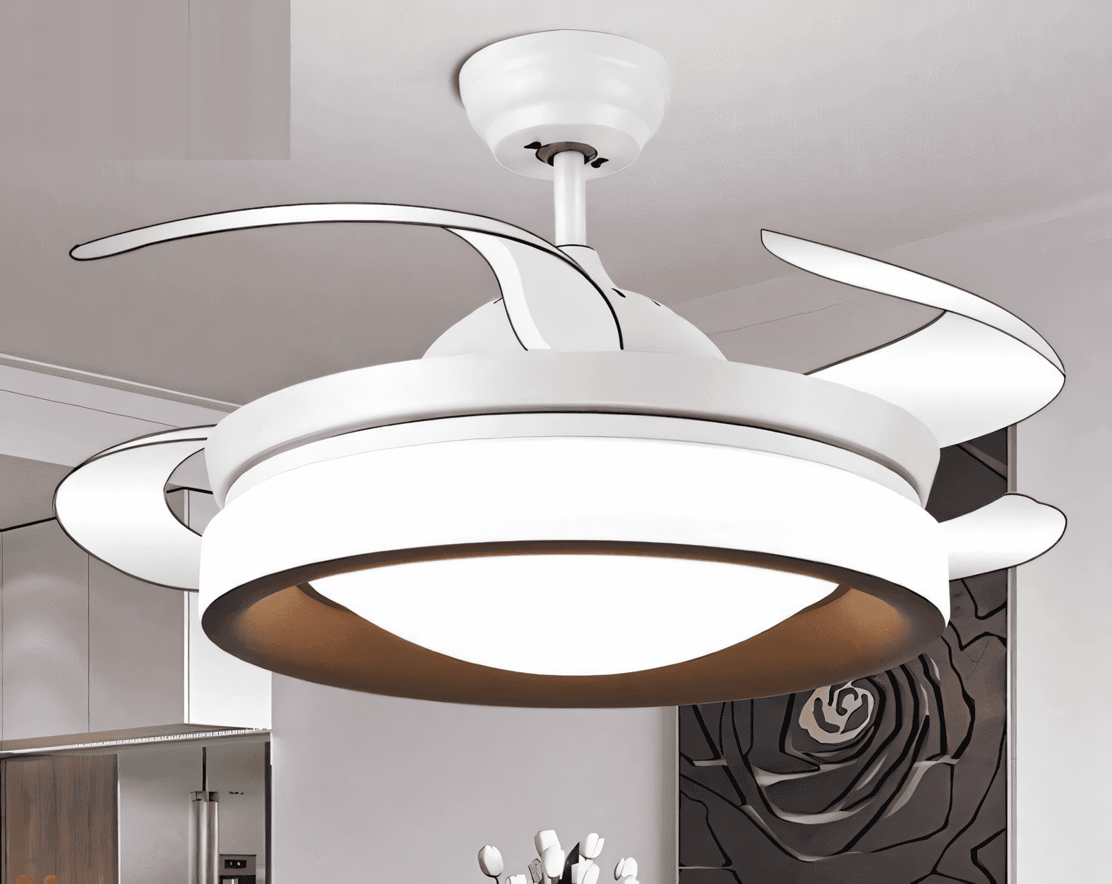 Energy-efficient ceiling fan with color-changing light feature