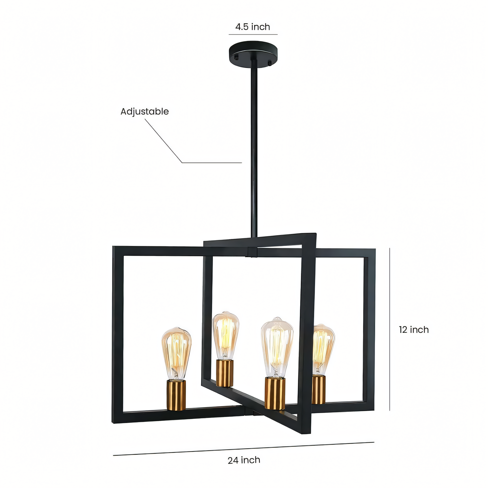 A rectangular bronze hanging light with clear glass globes hangs from a vintage living room ceiling. The light casts a warm, inviting glow on the space.