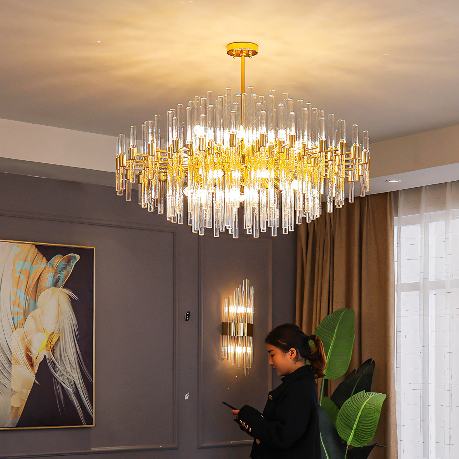 Captivating crystal and brass gold LED ring chandelier, a true masterpiece of design