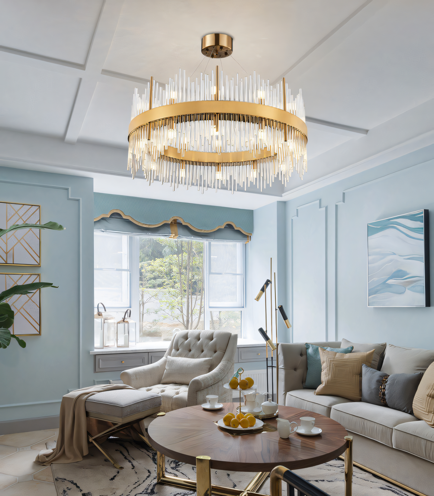 Captivating crystal and brass gold LED ring chandelier, a true masterpiece of design