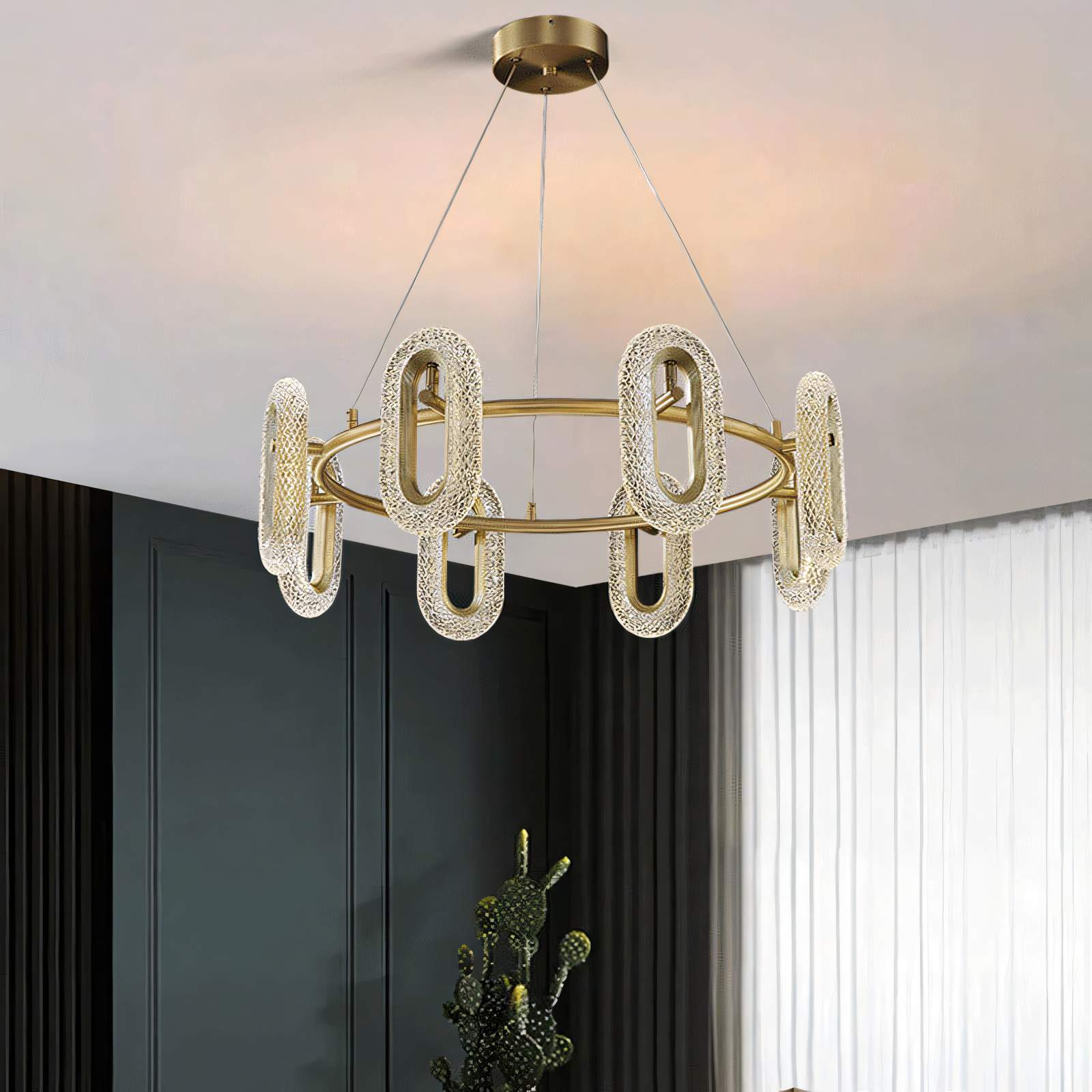 Luxurious gold metal chandelier for the grand foyer of a prestigious hotel