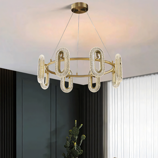 Elegant 8-light oval-shaped chandelier in rich electroplated gold metal