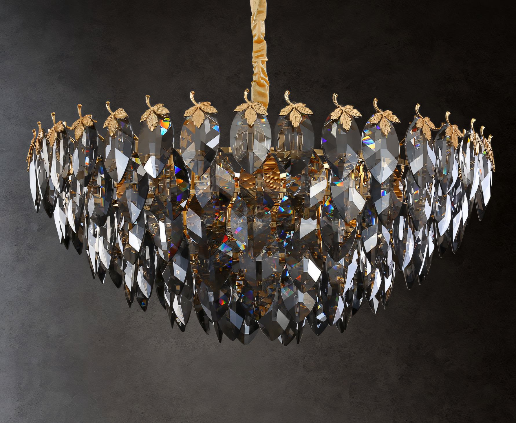 Stunning 750 MM gold chandelier with smokey glass and maple leaf design