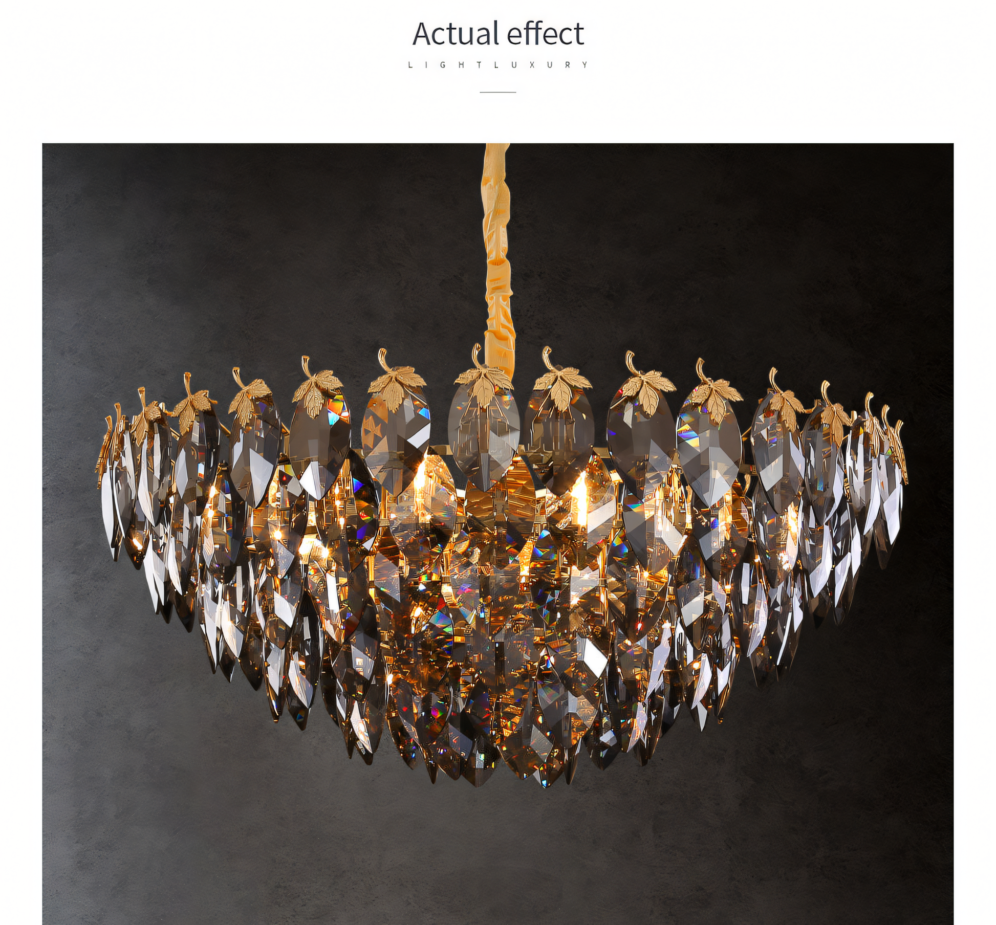 Warm and inviting gold maple leaf LED chandelier hanging in a living room