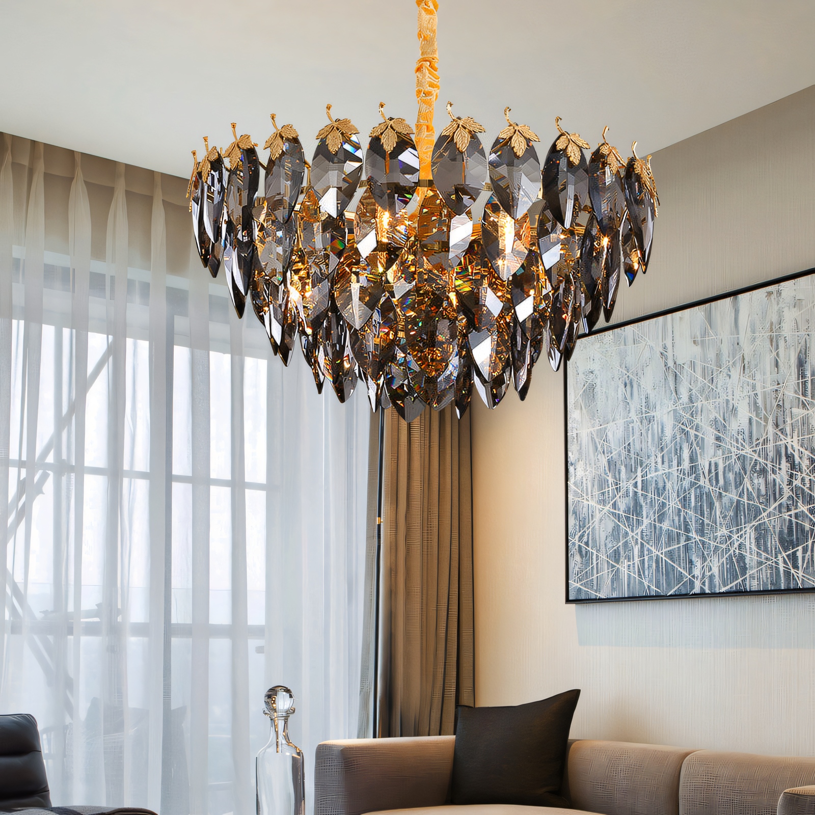 Elegant gold maple leaf chandelier providing a serene ambiance in a dining room