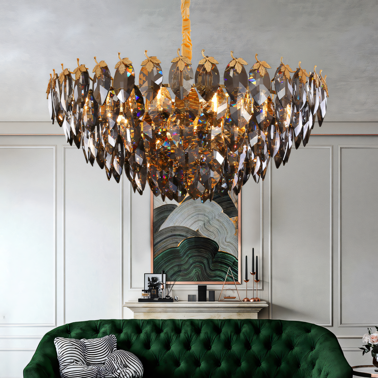 Mesmerizing gold and smokey glass chandelier, a true forest-inspired masterpiece