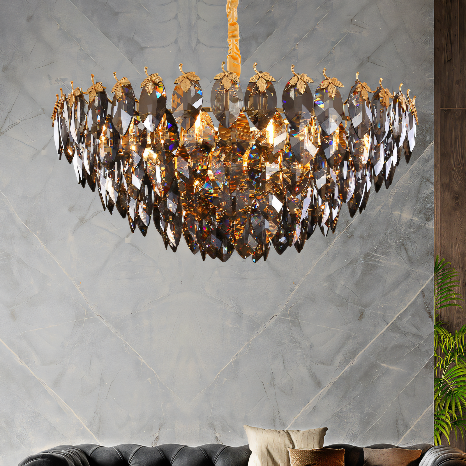 Sophisticated gold maple leaf LED chandelier, a centerpiece for any space
