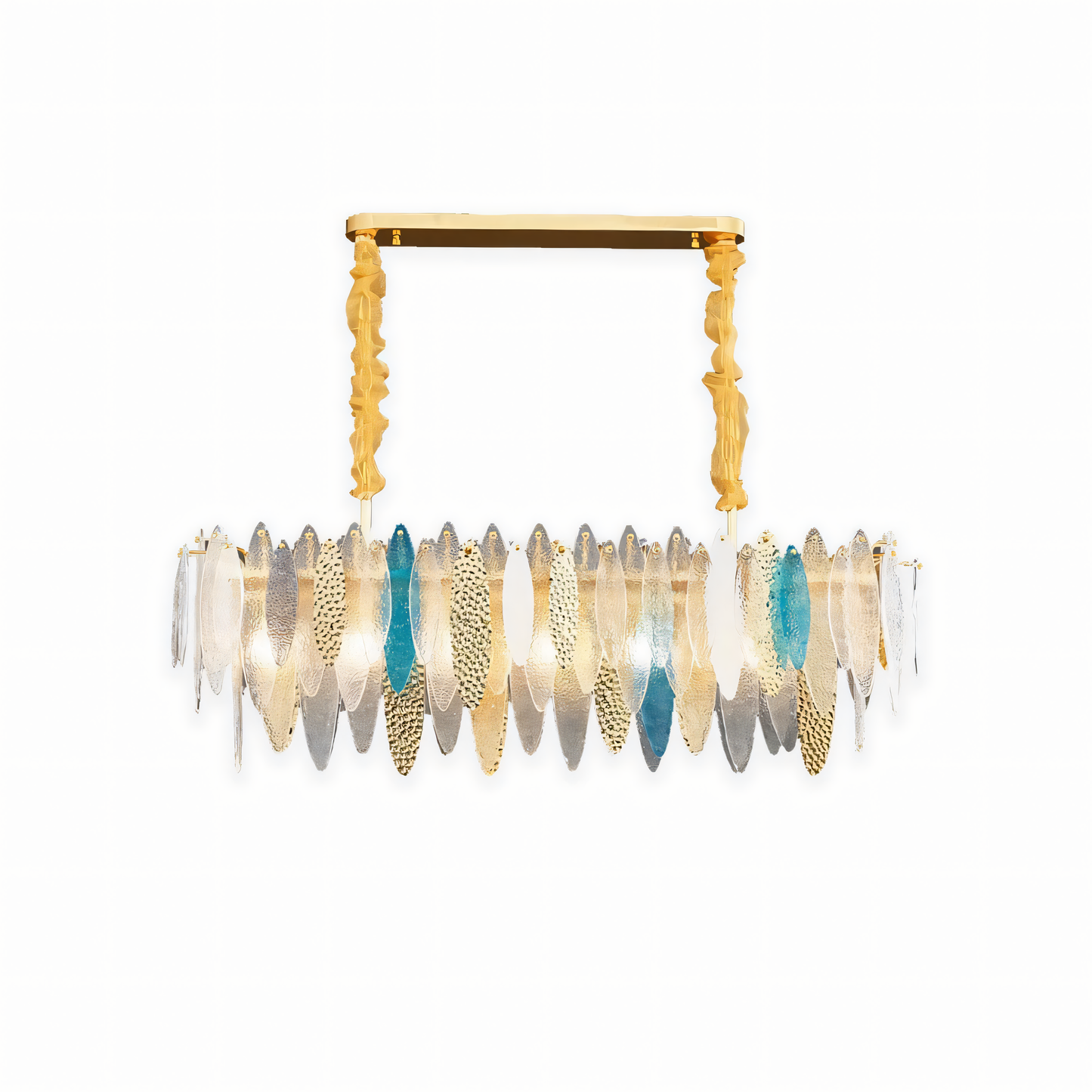 The Beach View Oval Chandelier casts a calming, wave-like glow on a beach house dining room.