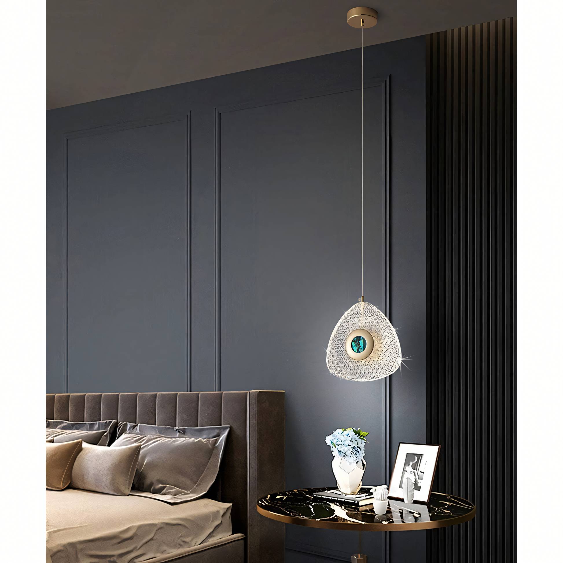 Adiel Hanging Light: A grand, geometric LED chandelier with a golden glow.