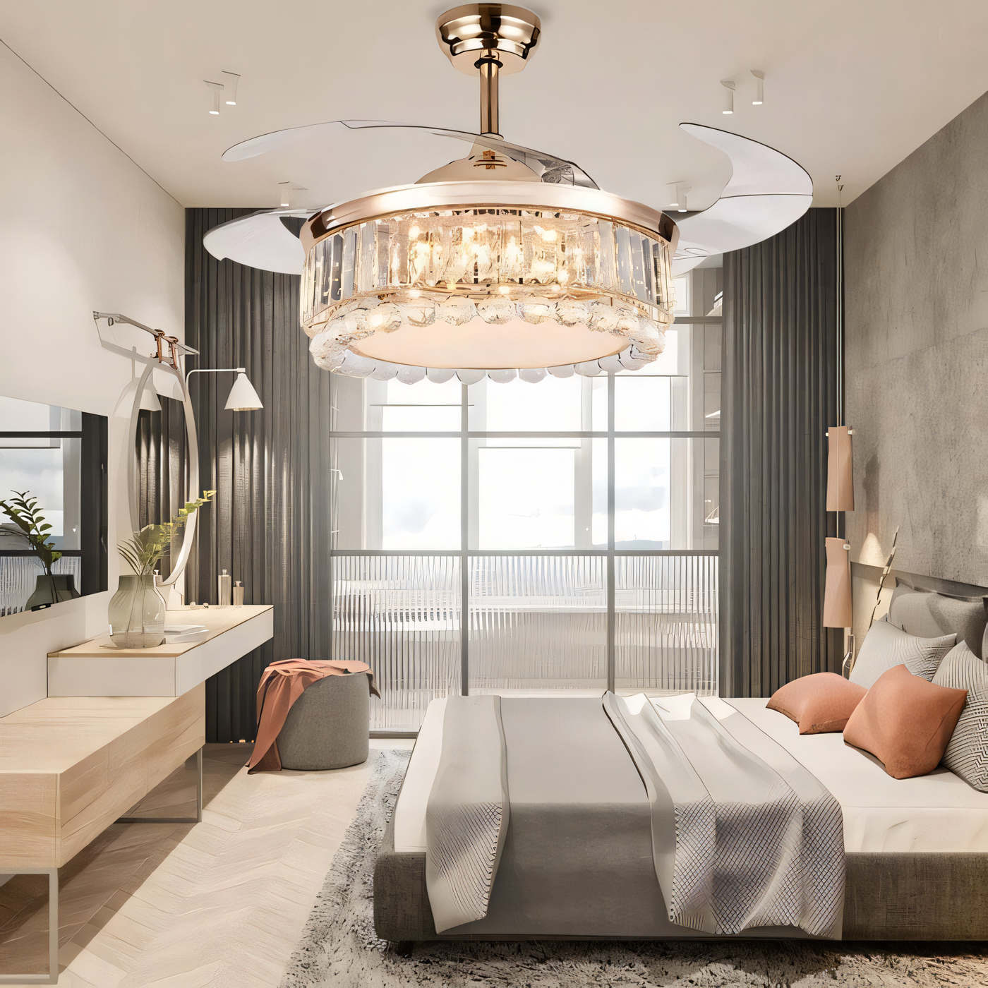 Space-saving retractable blade ceiling fan with smart LED lighting