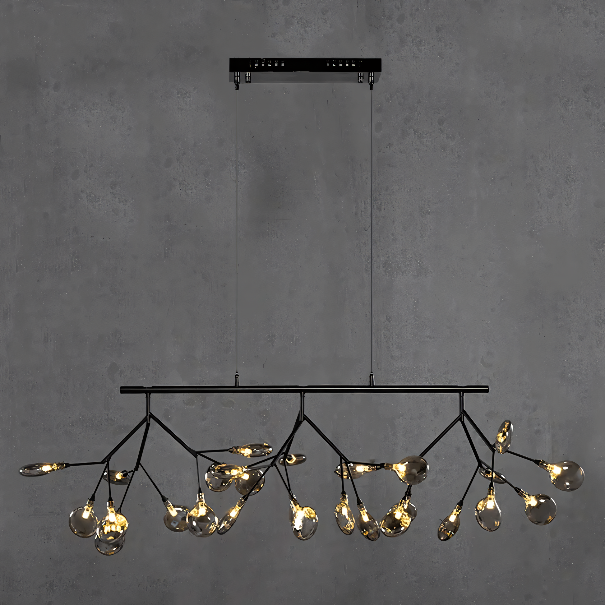 A close-up of the Blaze Modern Dining Chandelier reveals the intricate details of the black metal frame and the rods with LED tips.