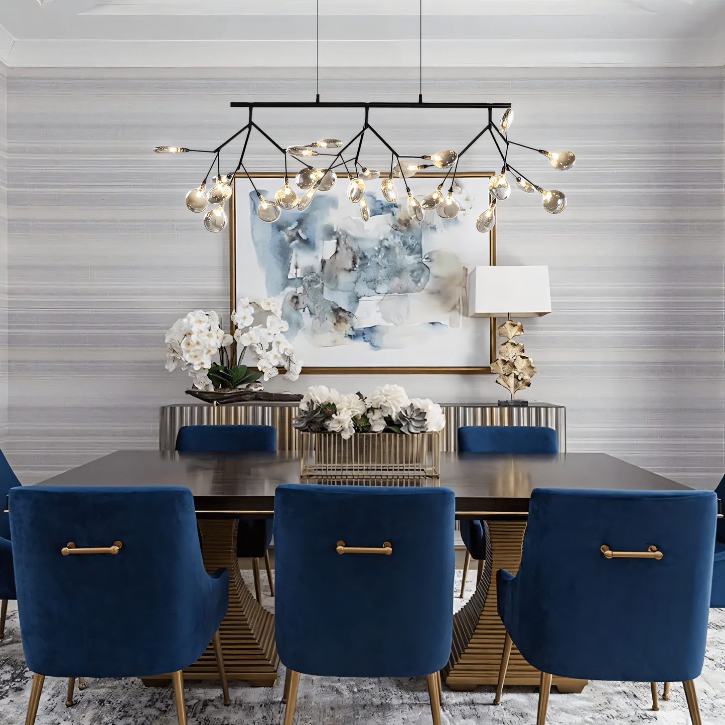 The adjustable hanging length of the Blaze Modern Dining Chandelier makes it perfect for various ceiling heights.