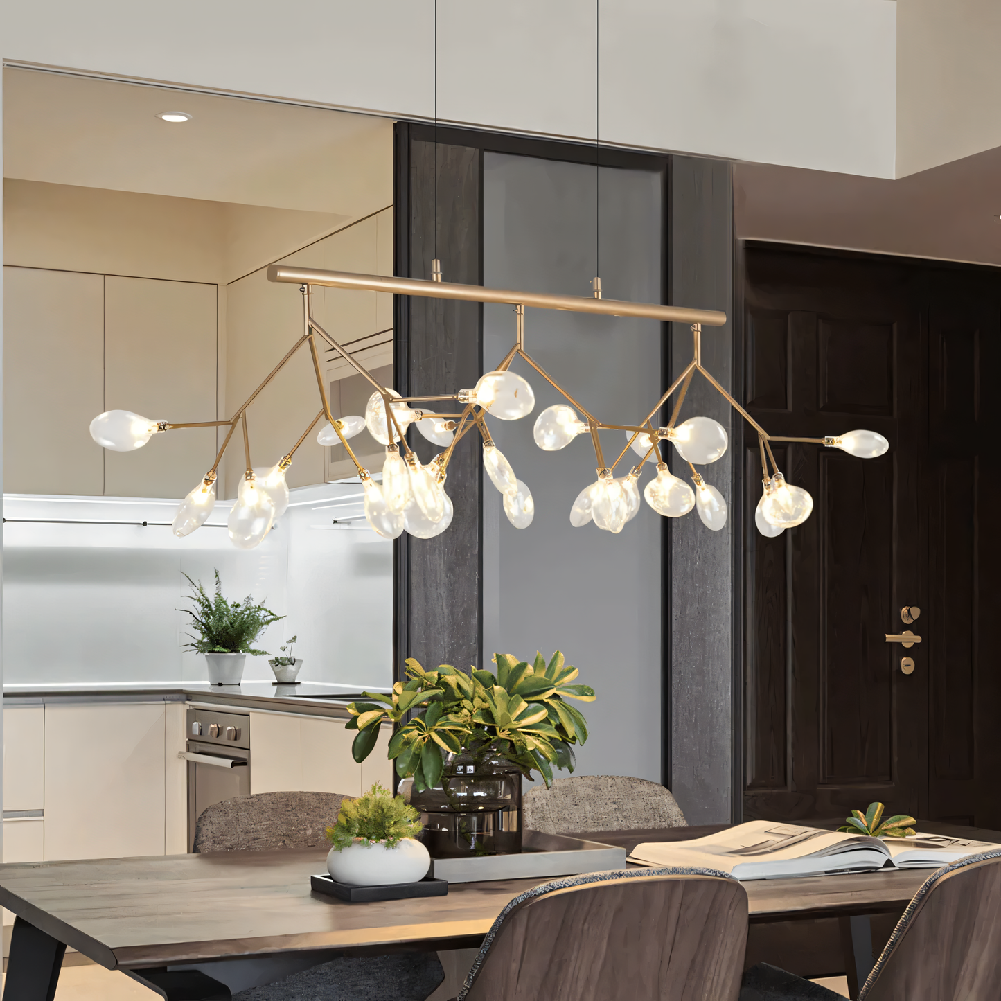The Blaze Modern Dining Chandelier's design resembles a crown of branches suspended amidst trees.