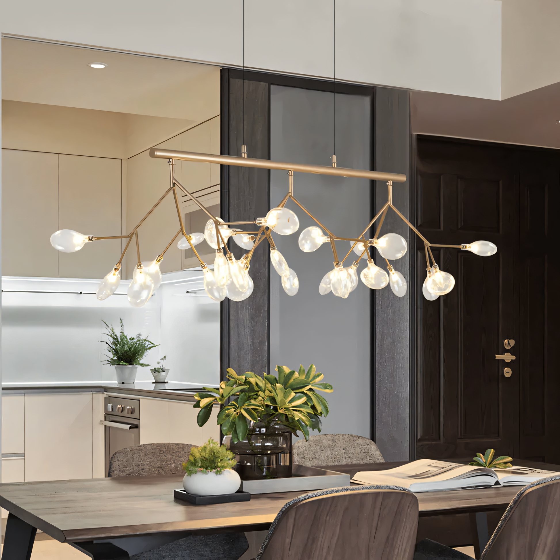The Blaze Modern Dining Chandelier's design resembles a crown of branches suspended amidst trees.