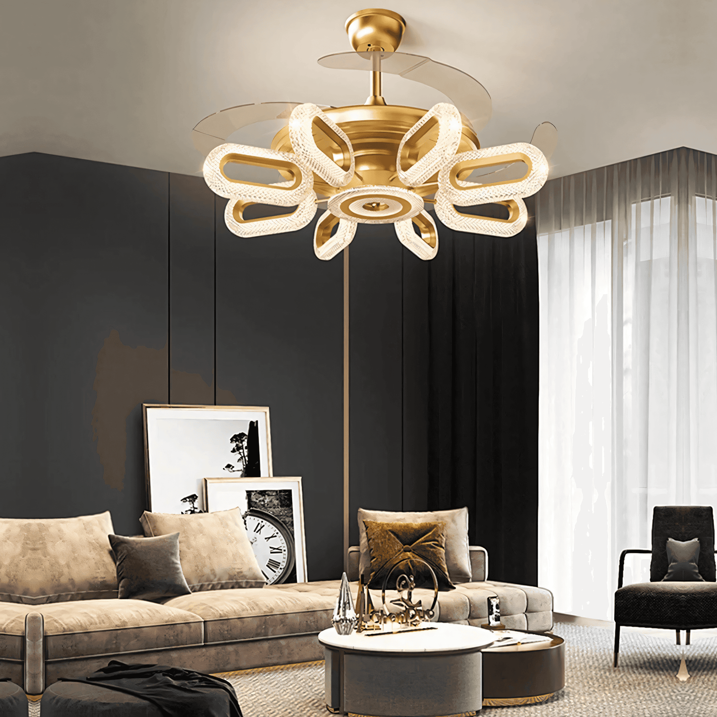Swirling crystal chandelier ceiling fan