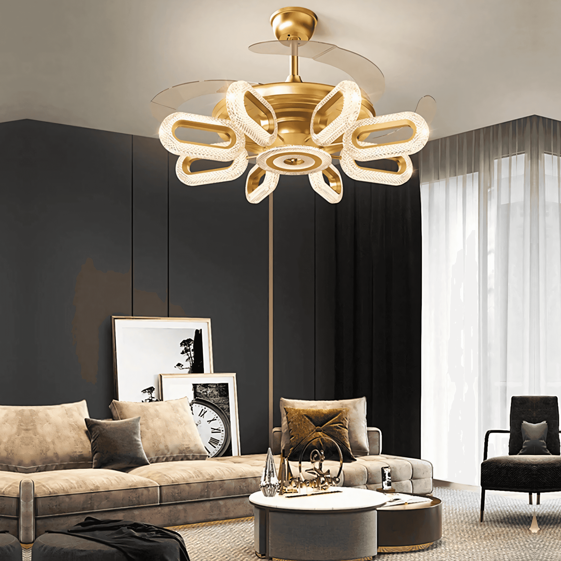 Swirling crystal chandelier ceiling fan