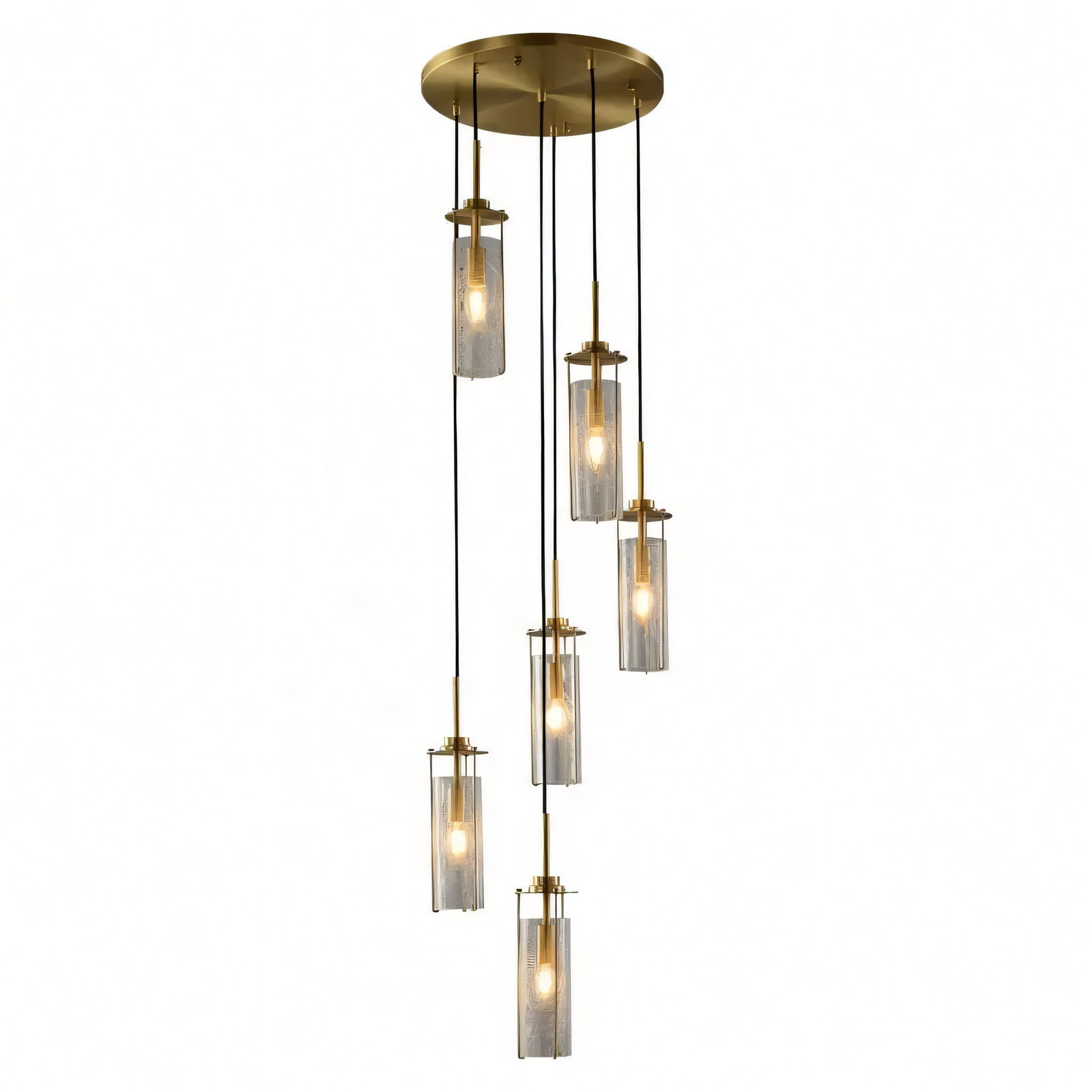 A close-up of the 6 Light Brass Gold Crackle Glass Double Height Stair Chandelier reveals the intricate details of the gold finish and the unique texture of the crackle glass globes.