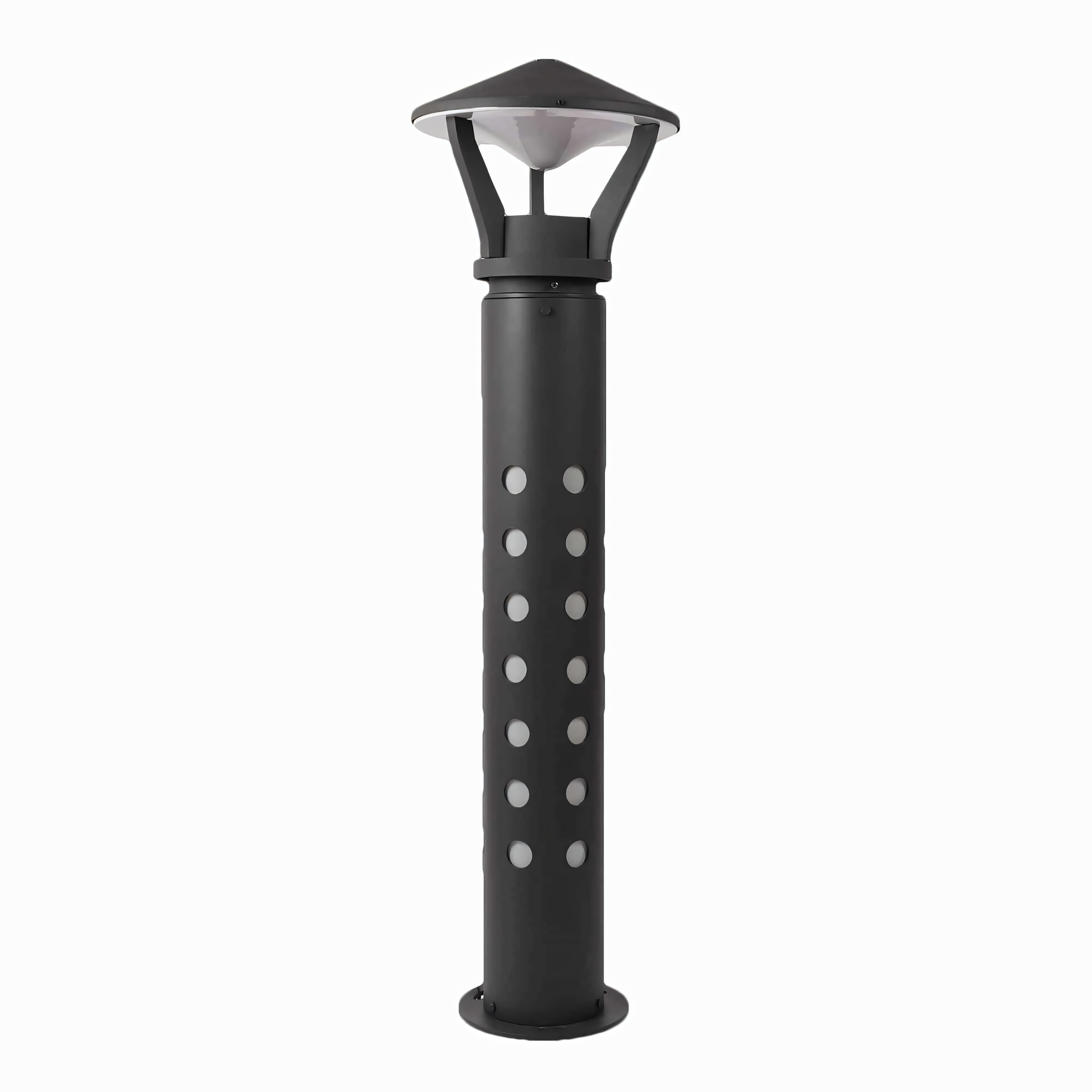 Elegant black metal construction of the Trident Canopy Garden Bollard