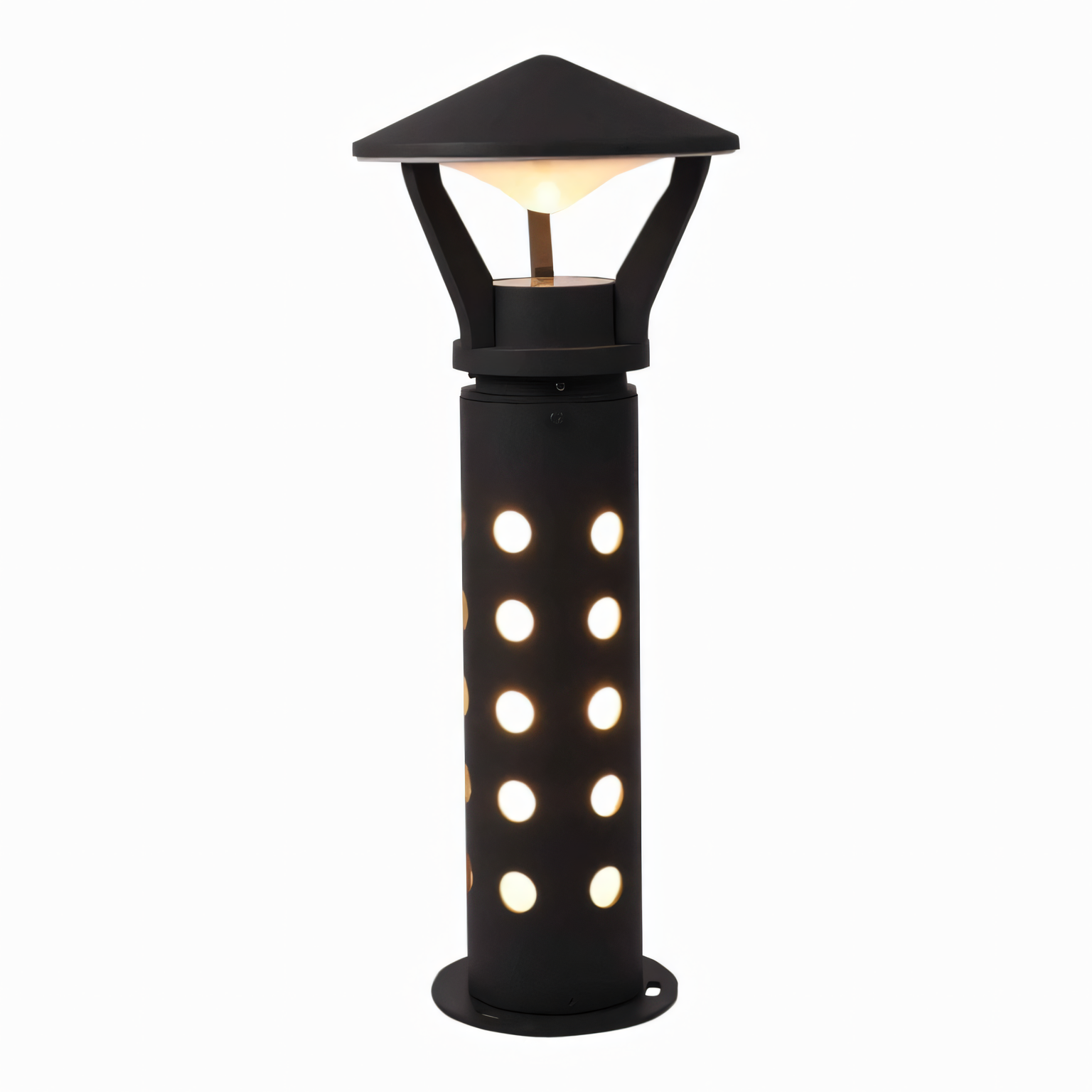 Warm LED illumination of the Trident Canopy Garden Bollard against a tropical backdrop