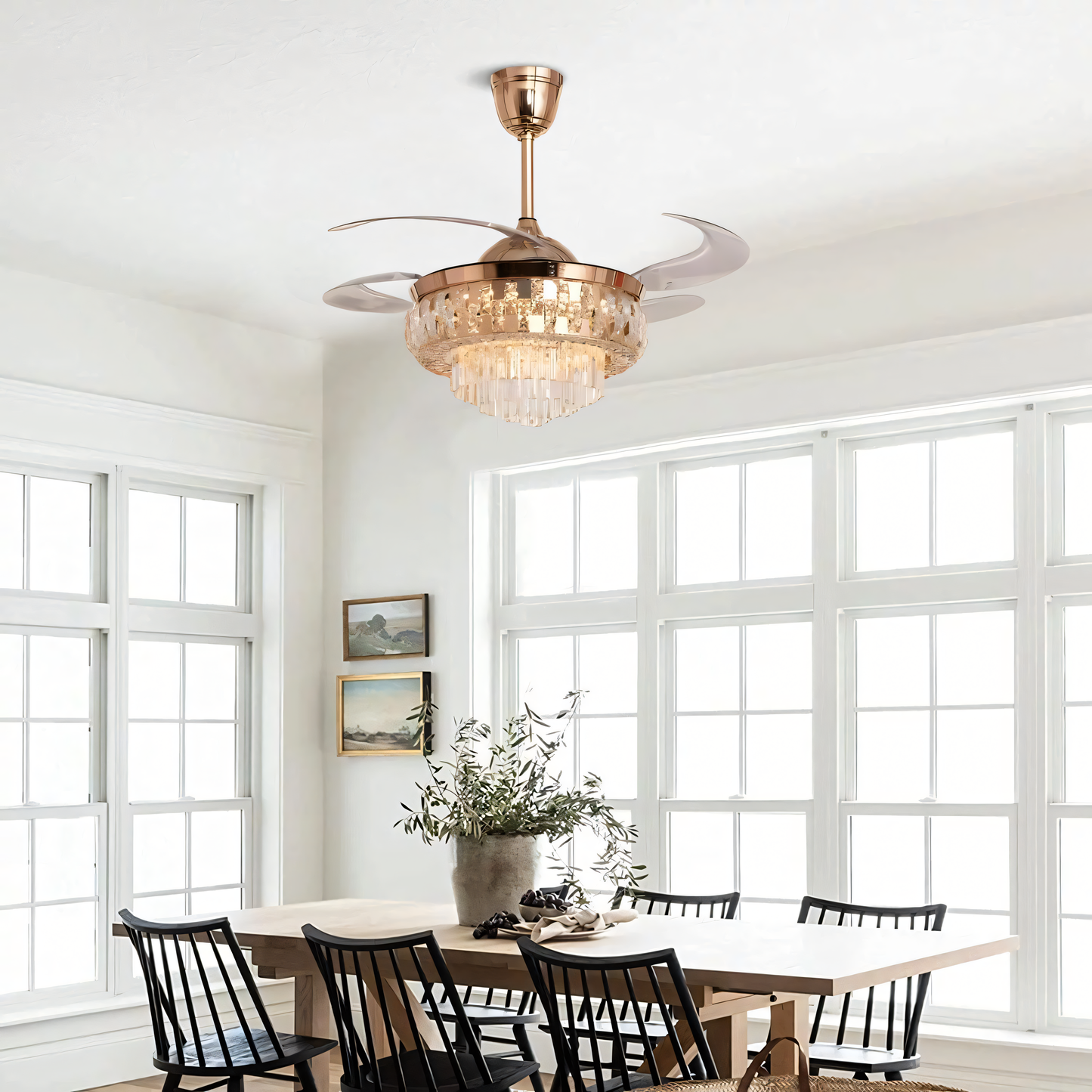 Cascading crystal ceiling fan for luxurious spaces