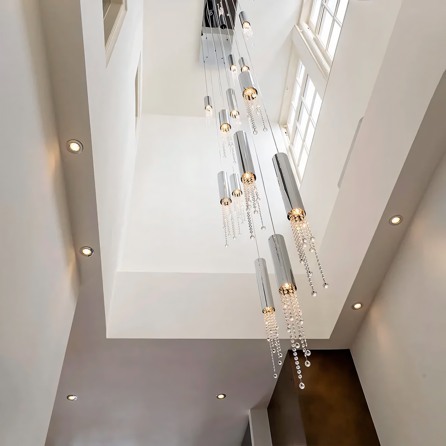 A close-up of the Zooid Pendant Chandelier reveals its intricate geometric shapes and LED lights.