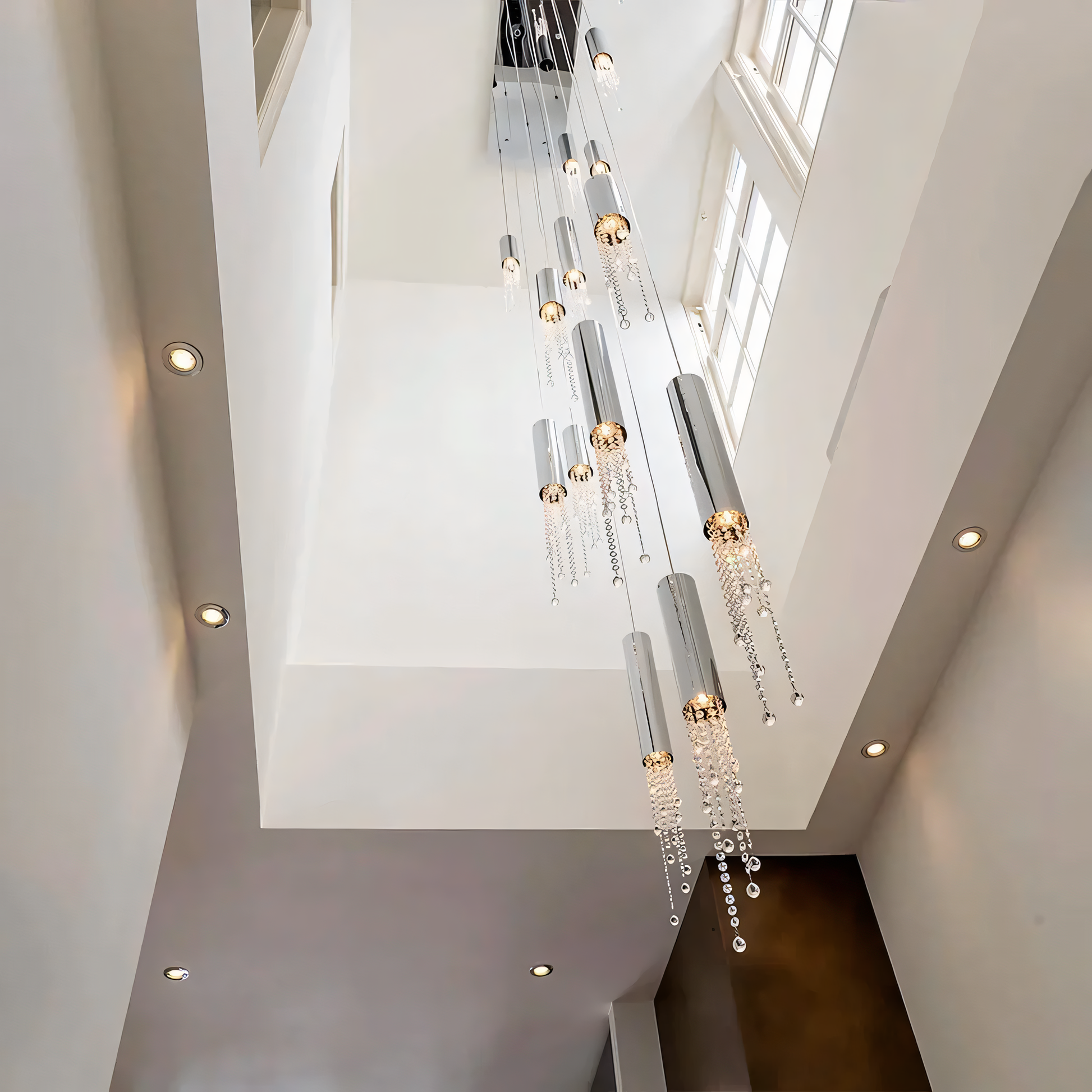 A close-up of the Zooid Pendant Chandelier reveals its intricate geometric shapes and LED lights.