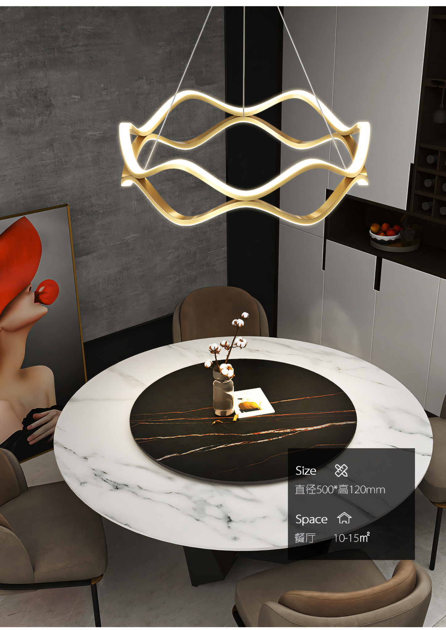 600MM Gold LED Curvy Profile Chandelier Lamp in a Scandinavian-inspired living room