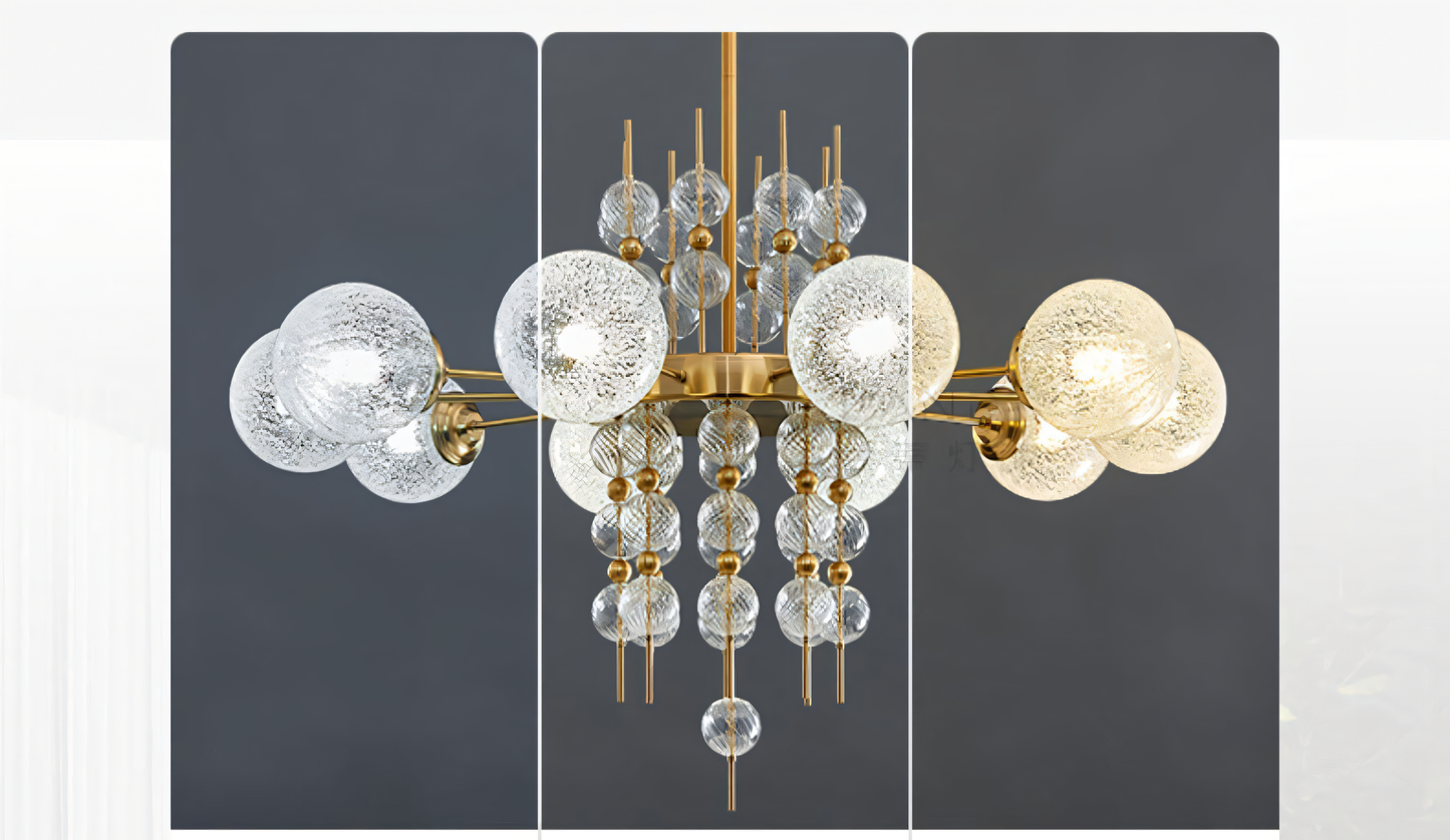 A close-up of the 8 Light Metal Clear Glass Chandelier reveals the intricate details of the chrome frame and the clear glass globes.