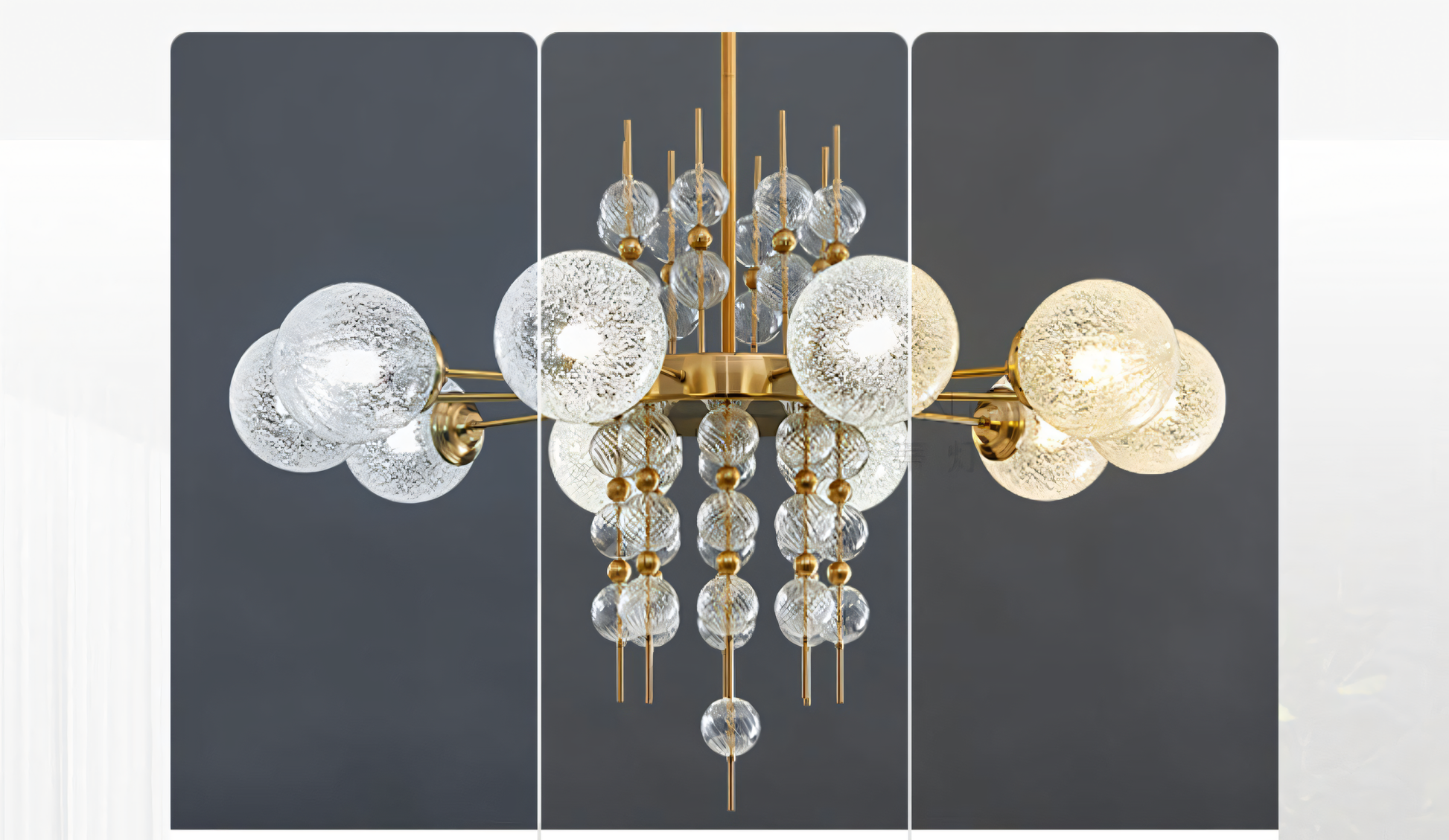 A close-up of the 8 Light Metal Clear Glass Chandelier reveals the intricate details of the chrome frame and the clear glass globes.