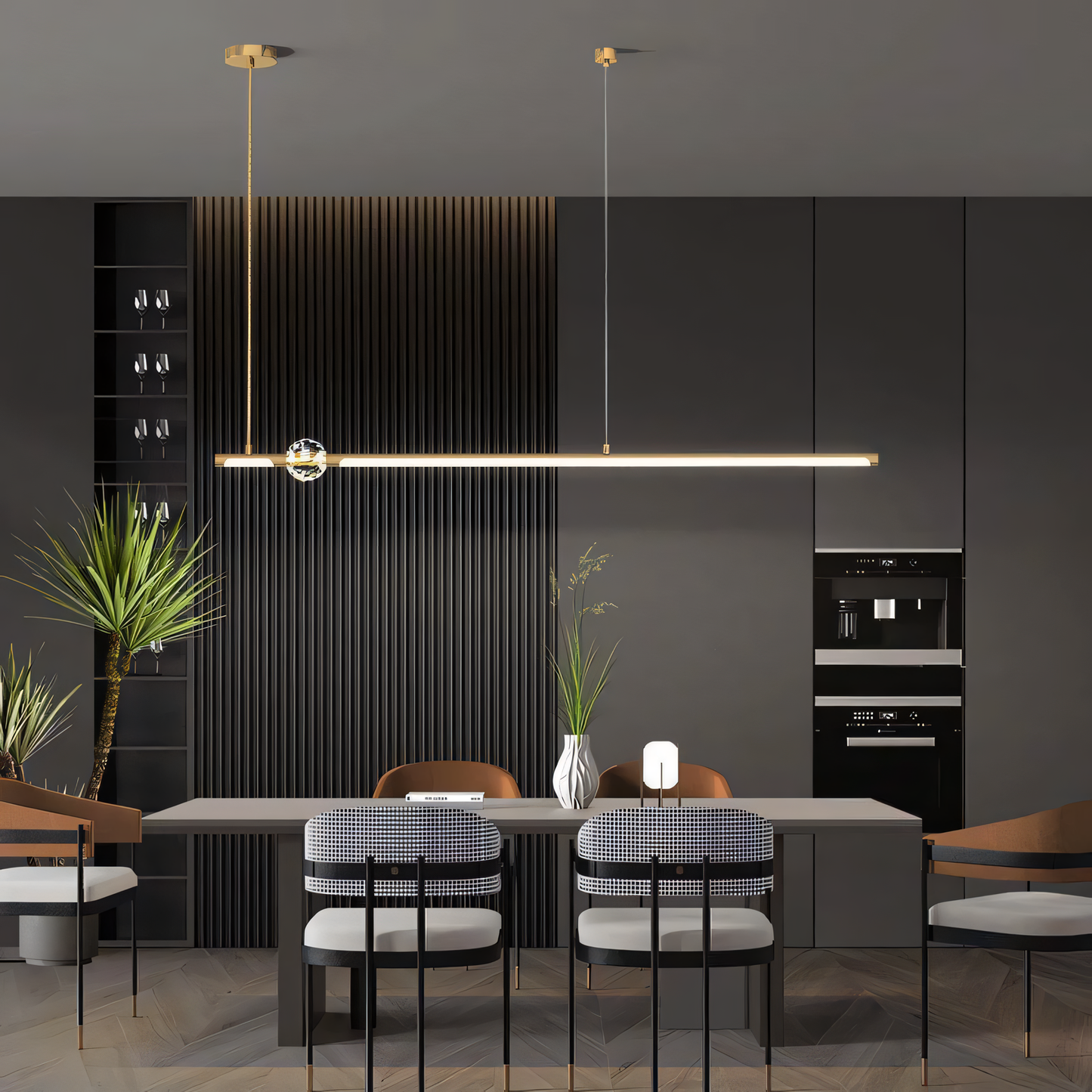 Long Brass Gold Crystal Chandelier Ceiling Lights Hanging: A grand, multi-tiered LED crystal chandelier with brass and gold accents.