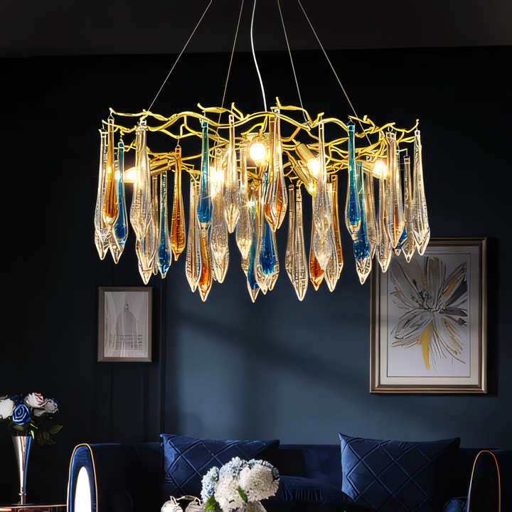 Adjustable hanging chandelier with sleek gold metal frame