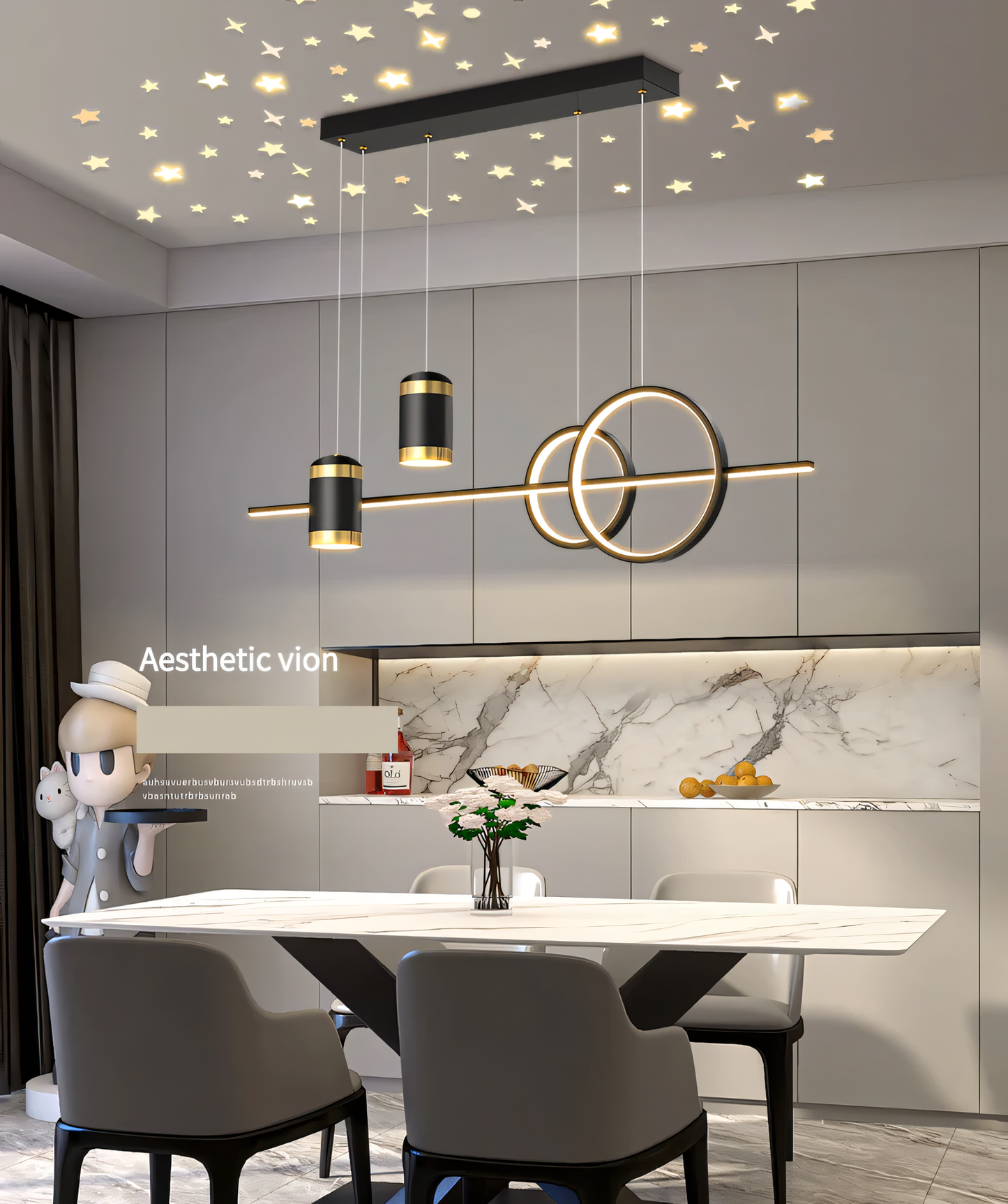 Linear LED chandelier in black and gold, perfect for modern living rooms, dining rooms, and offices.