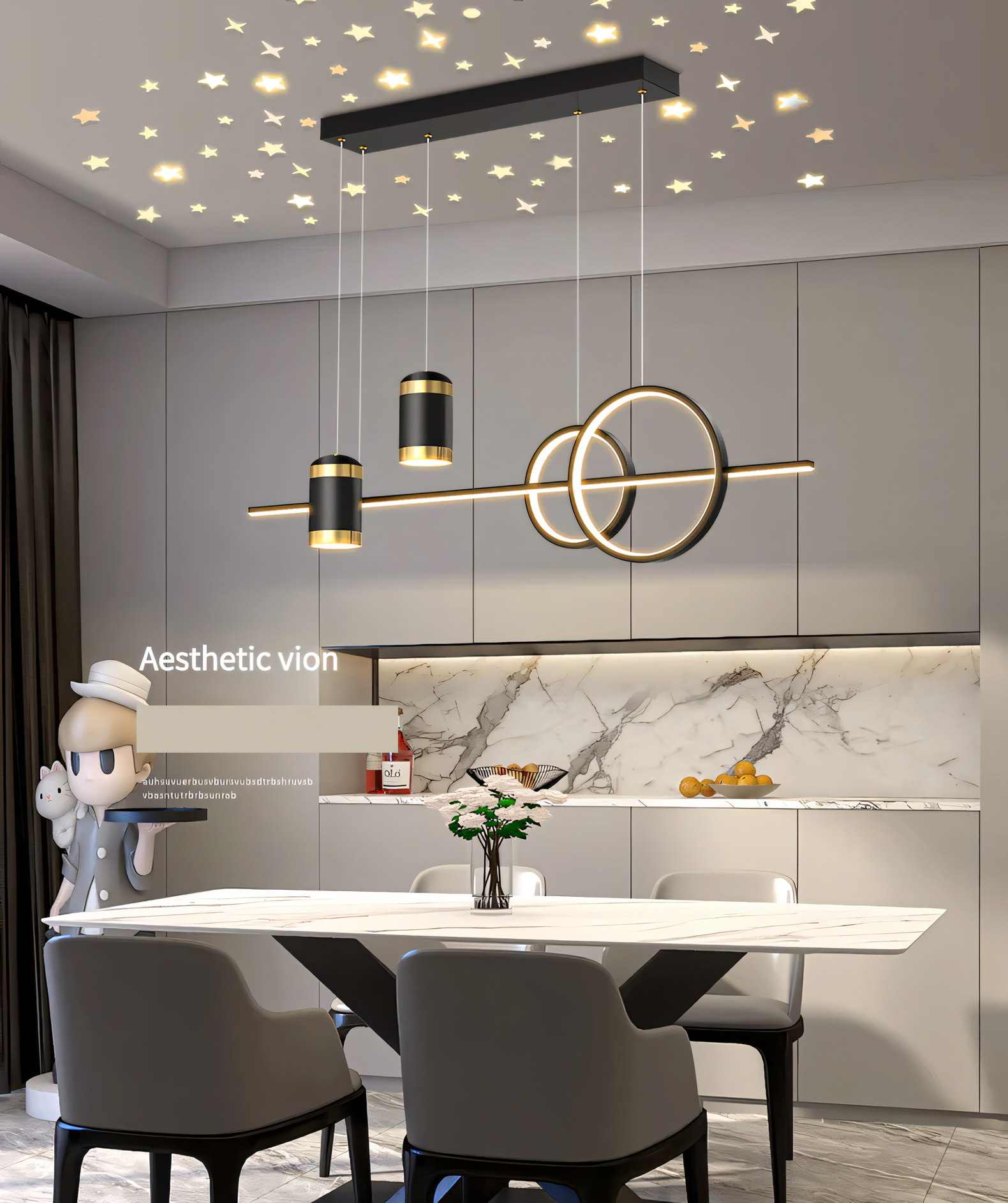 Linear LED chandelier in black and gold, perfect for modern living rooms, dining rooms, and offices.