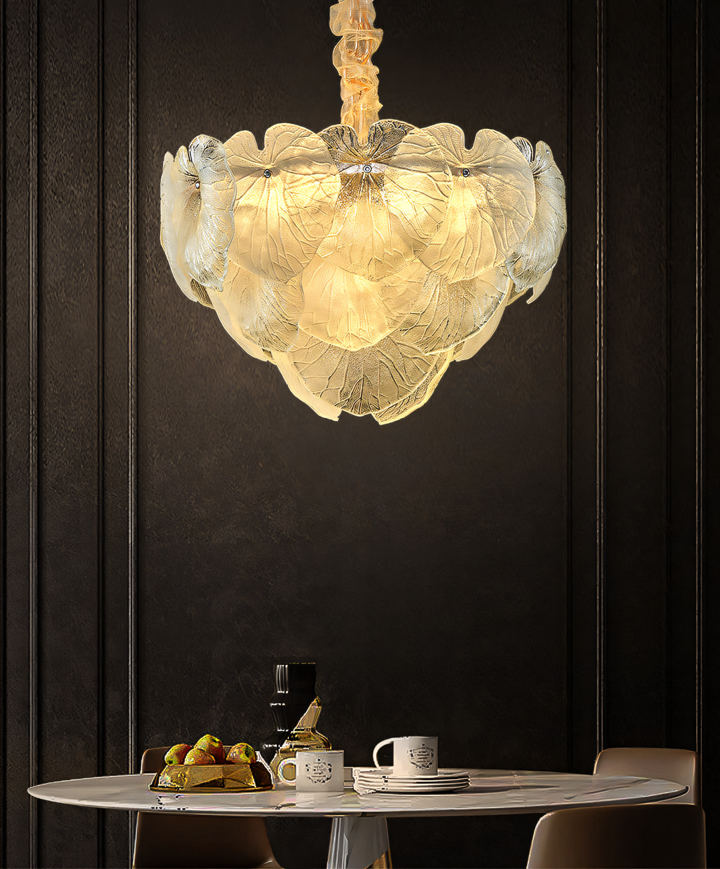 600 MM Gold Metal White Glass LED Chandelier Hanging Suspension Lamp as the centerpiece of a contemporary, loft-style dining area