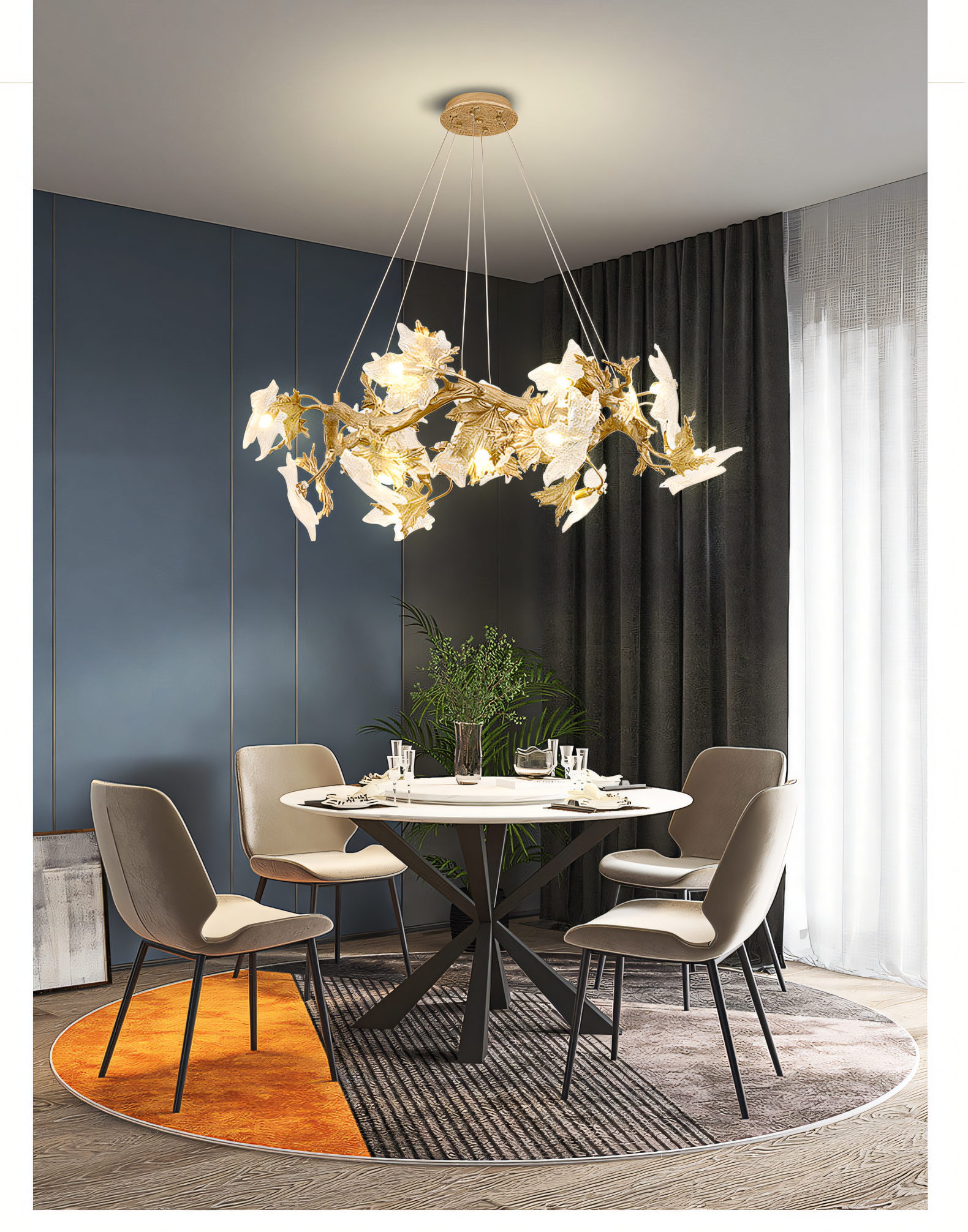 The 600 MM Crystal Gold Metal LED Maple Leaf Chandelier features a gold metal frame with slender arms that extend outwards, each adorned with a crystal