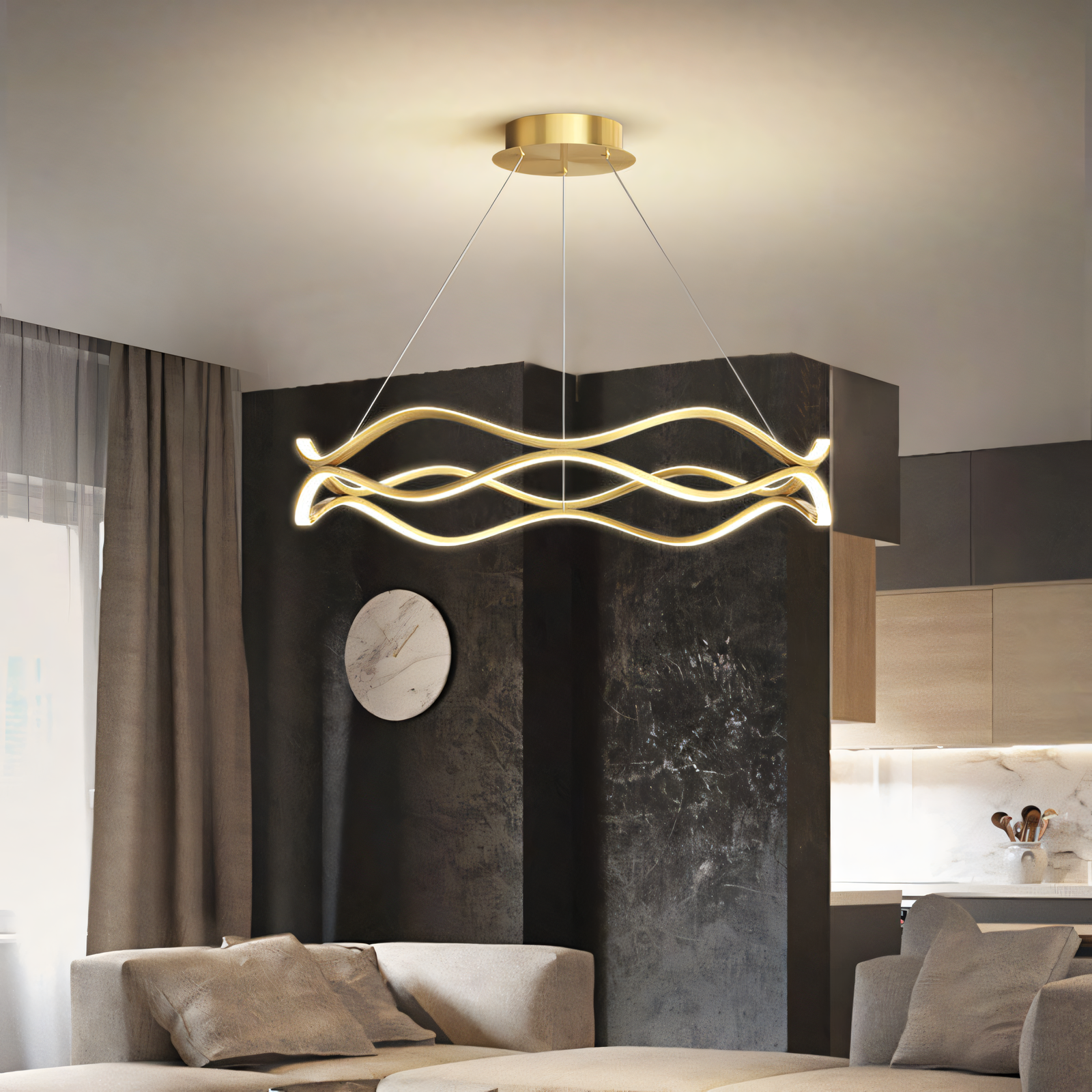 Dimly lit 600MM Gold LED Curvy Profile Chandelier Lamp creating a cozy, intimate atmosphere