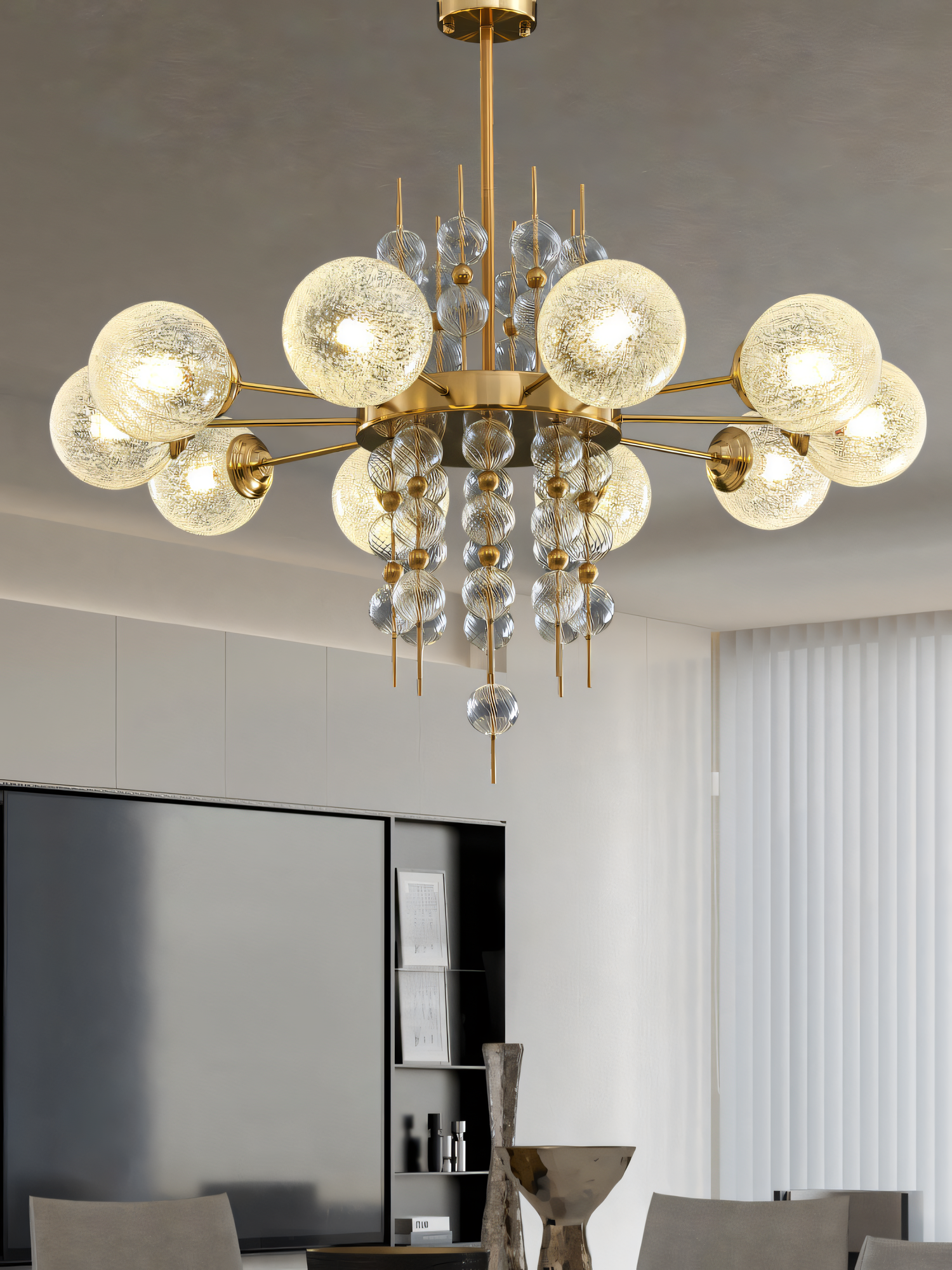 The 8 Light Metal Clear Glass Chandelier, a forest-inspired centerpiece, hangs above a dining table in a modern home. The chandelier's warm light fills the room.