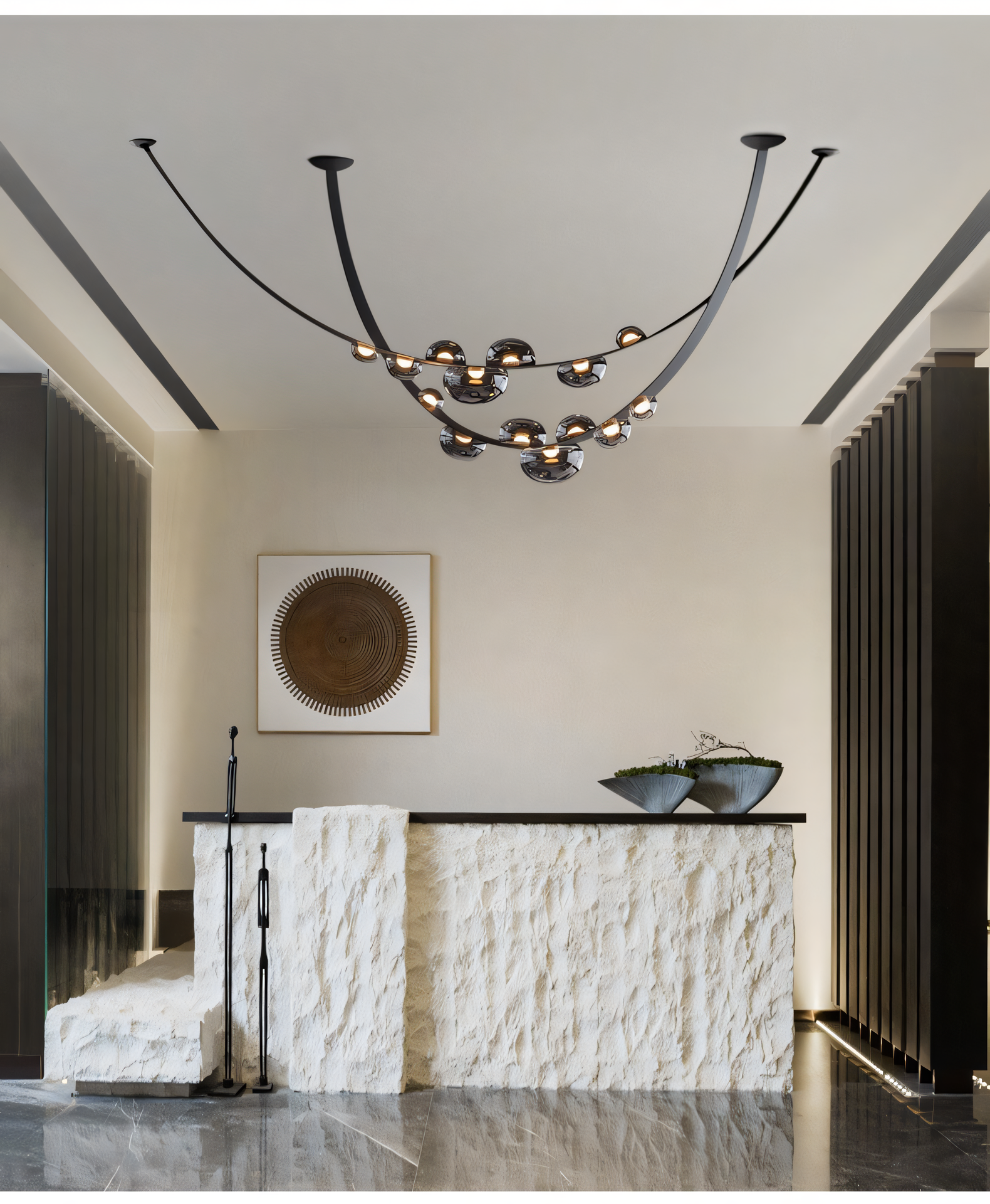 This captivating chandelier features a black metal frame adorned with a black leather belt and seven smoky glass globes, reminiscent of a moonlit forest.