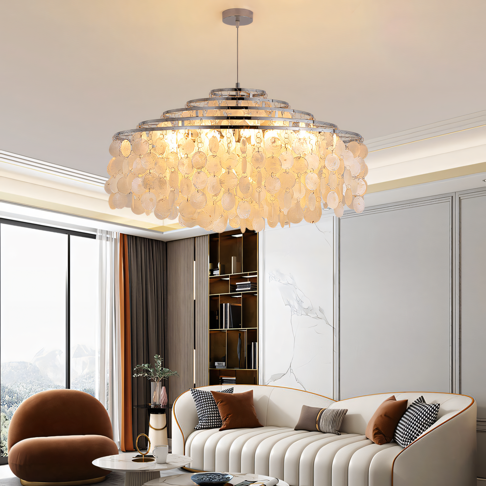 Stunning crystal and acrylic modern LED chandelier in a magical island setting