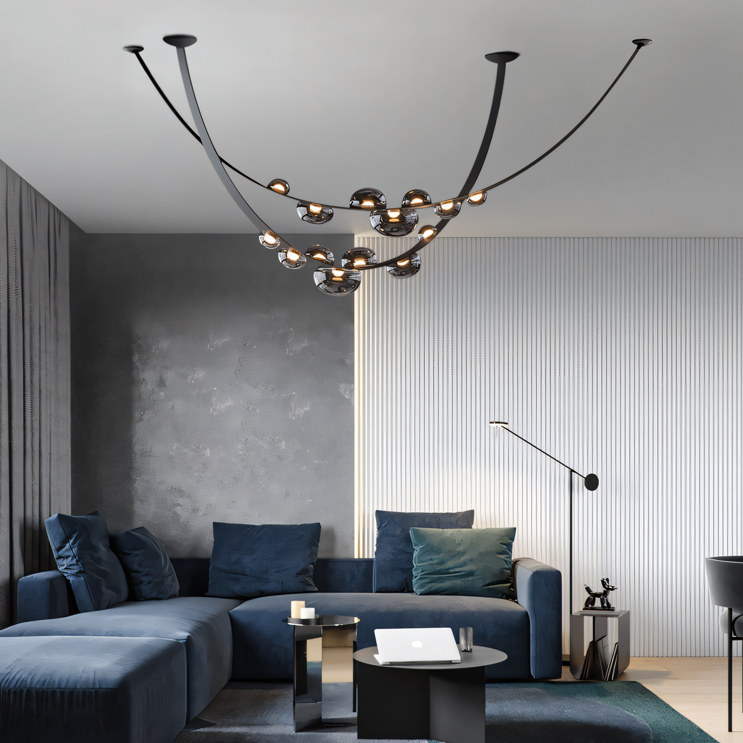 Inspired by nature, this modern chandelier features a black metal frame, black leather belt, and smoky glass globes, resembling glistening mushrooms under the moonlight.