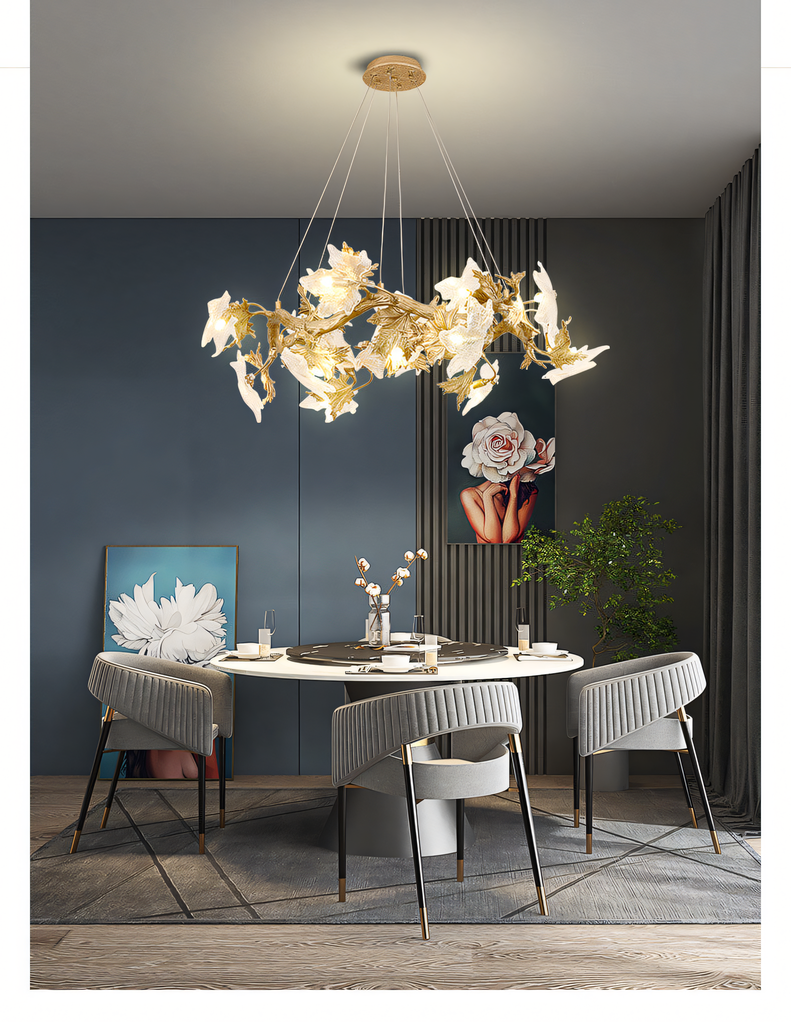 The 600 MM Crystal Gold Metal LED Maple Leaf Chandelier, a forest-inspired centerpiece, hangs above a dining table in a modern home. The chandelier's warm light fills the room.