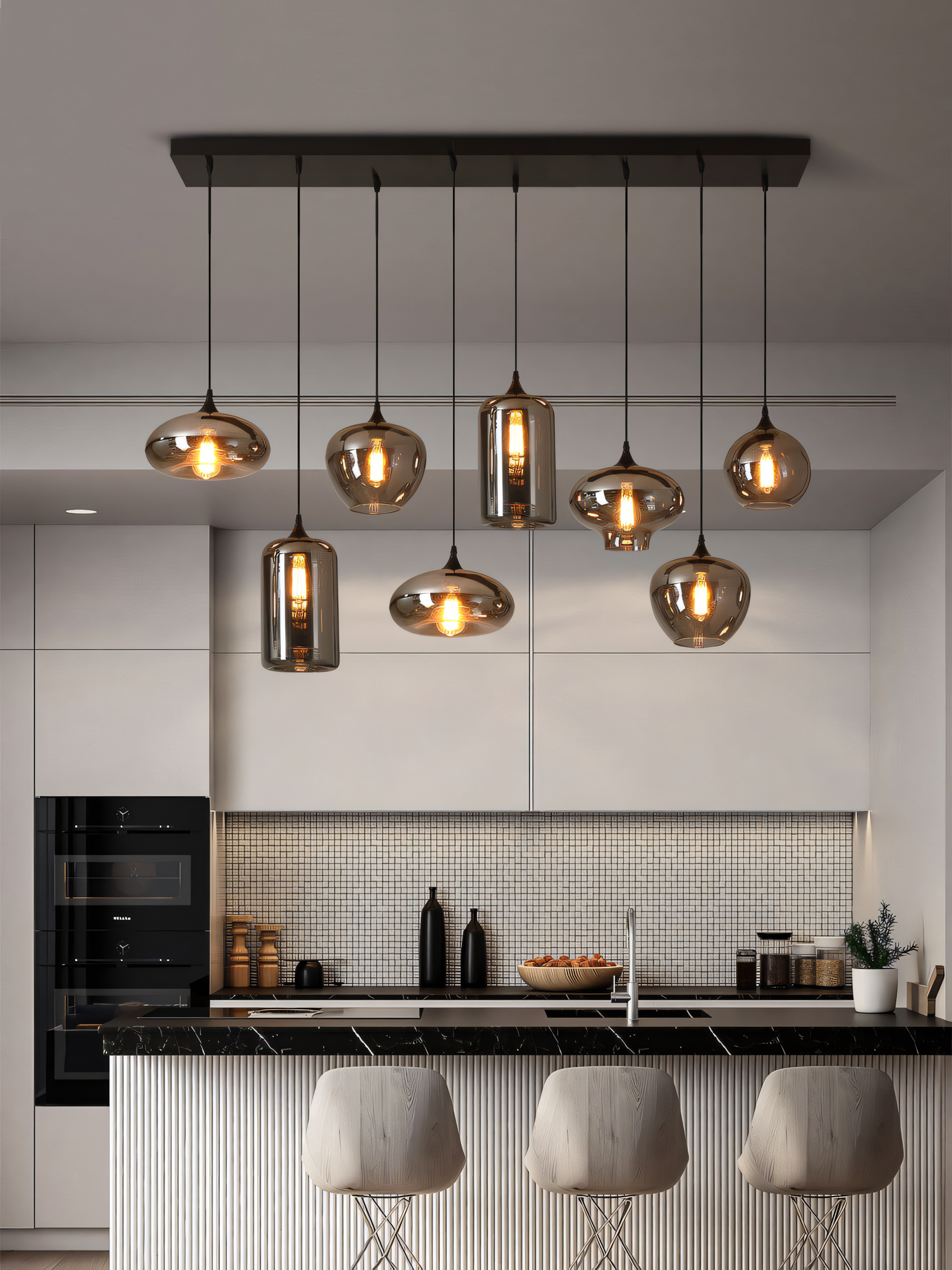 A close-up of the 8 Light Black Smokey Glass Chandelier reveals the intricate details of the black metal frame and the smoky glass globes.
