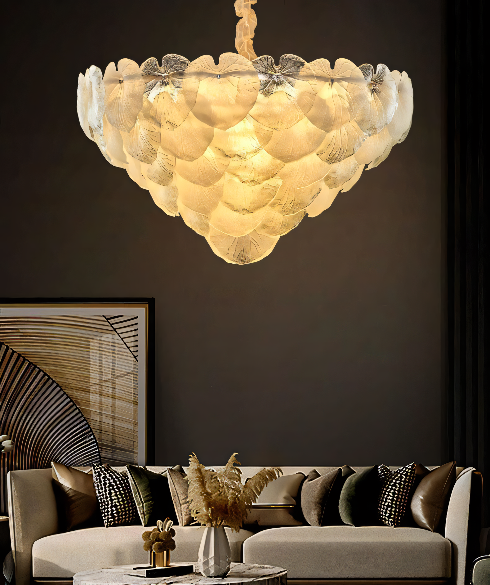 Detailed shot of the 600 MM Gold Metal White Glass LED Chandelier Hanging Suspension Lamp's sleek, metallic frame