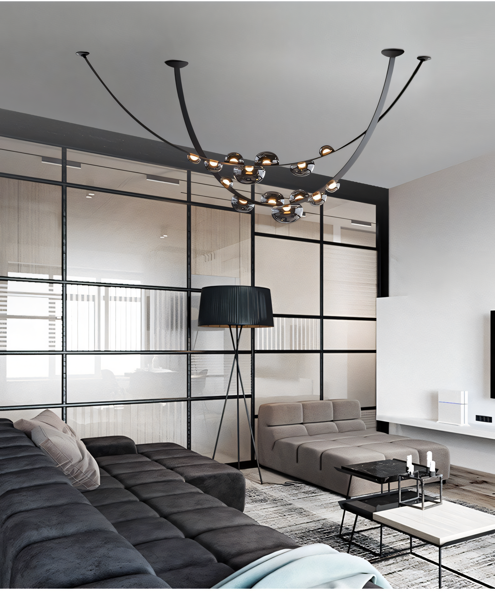 Bathed in warm light, the smoky glass globes of the 7 Light 1500MM Black Leather Belt Black Smokey Glass Chandelier create a mesmerizing ambiance.