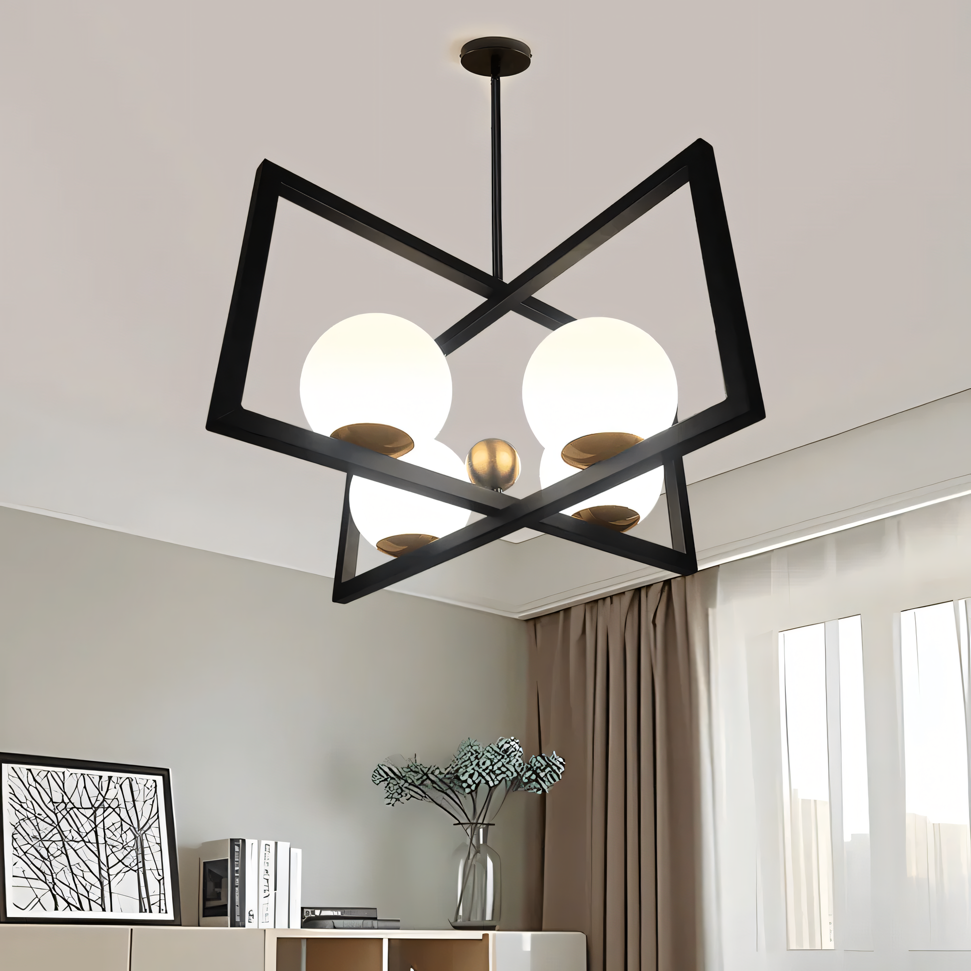 A rectangular bronze hanging light with clear glass globes hangs from a vintage living room ceiling. The light casts a warm, inviting glow on the space.
