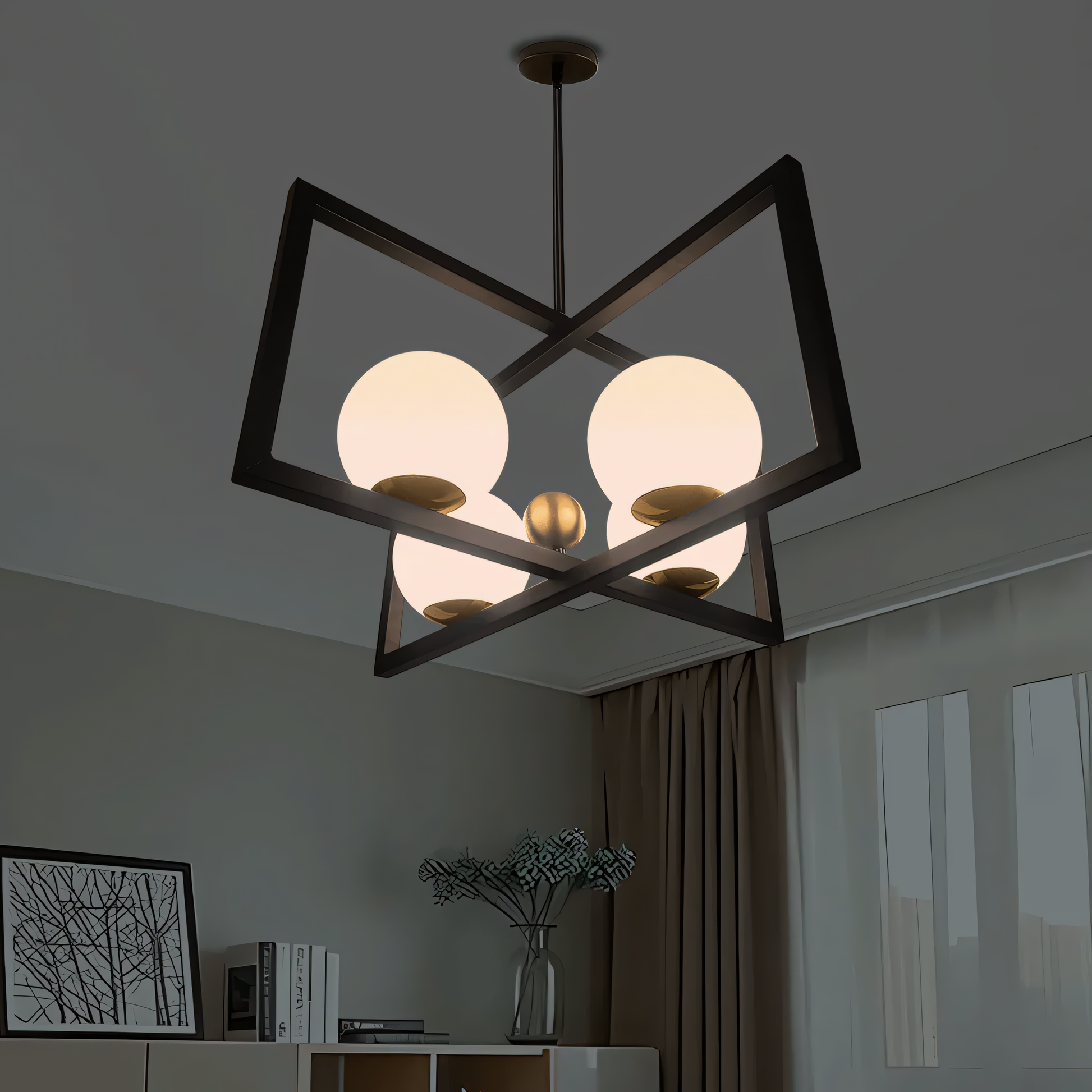 A rectangular bronze hanging light with clear glass globes hangs from a vintage living room ceiling. The light casts a warm, inviting glow on the space.