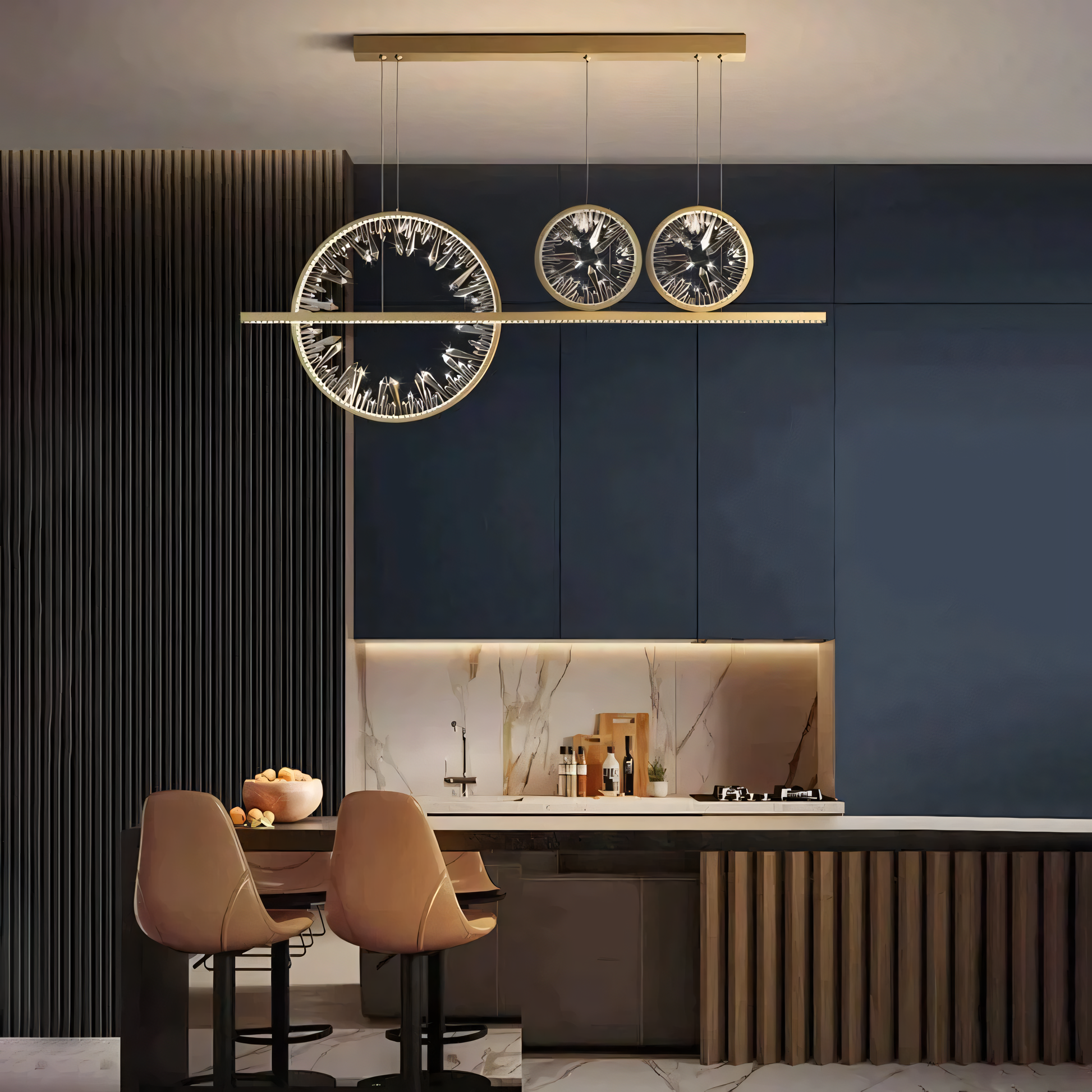 The Time of Life Chandelier adds a touch of timeless elegance to a minimalist living room.