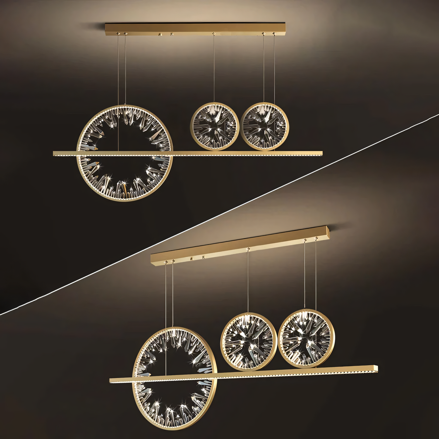 A close-up of the Time of Life Chandelier reveals its intricate round shape and gold finish.